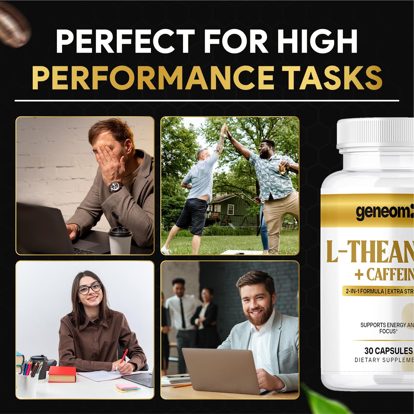 Geneomx L-Theanine + Caffeine Supplement Extra Strength 2-in-1 Formula for Mental Clarity, Energy and Focus with Natural Green Coffee Bean Extract Capsule, 30 Count