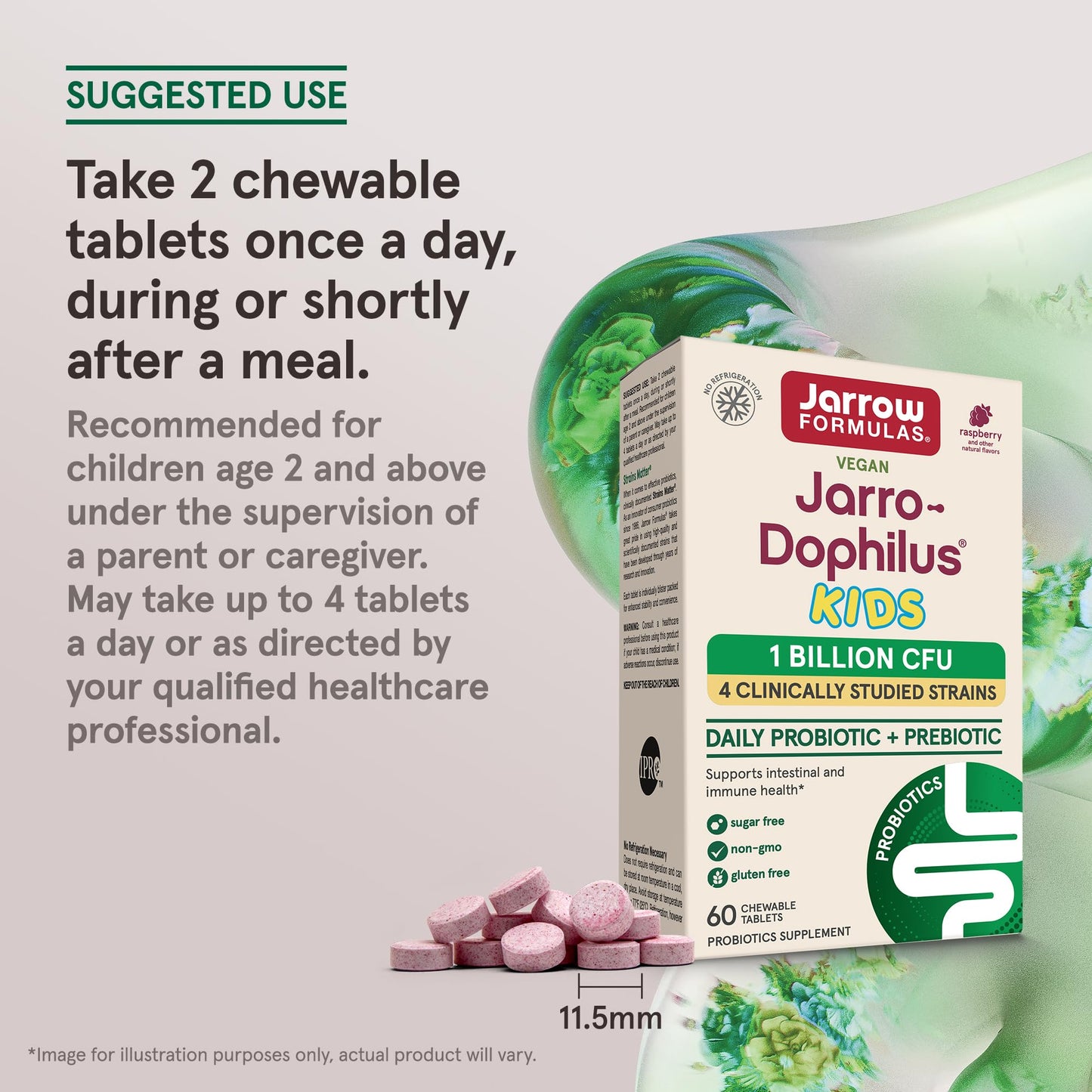 Jarrow Formulas Jarro-Dophilus Kids Probiotics and Prebiotics 1 Billion CFU, Chewable Tablets 60