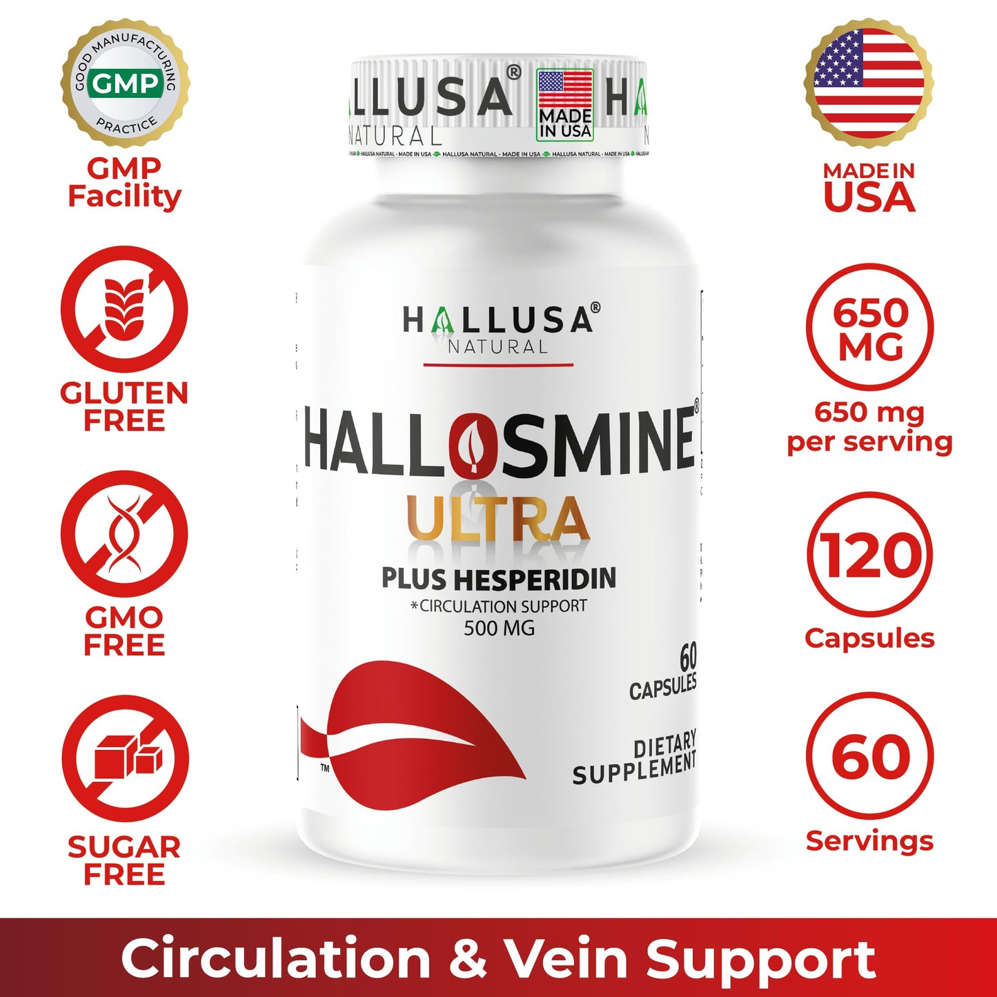 Hallusa Natural Hallosmine Ultra 650 mg Diosmin, Hesperidin High Potency Circulation & Vein Support Supplement, 120 Capsules