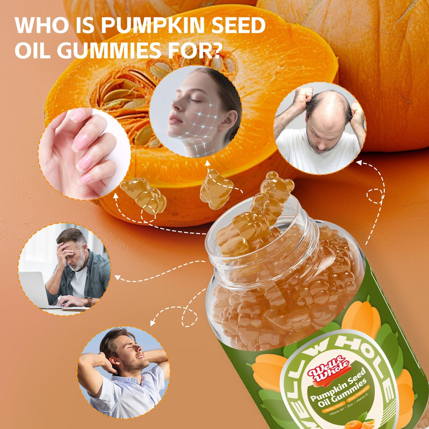 Well&Whole Pumpkin Seed Oil Gummies with Saw Palmetto for Hair Growth, for Men and Women, Vegan, Sugar-Free, 60 Count