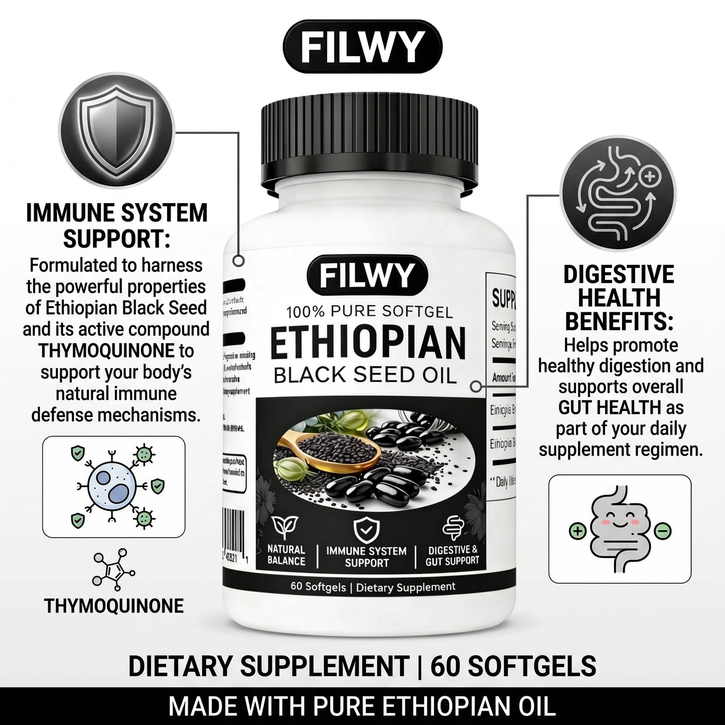 FILWY Ethiopian Black Seed Oil Capsules with 4.64% Thymoquinone, Immune Support & Digestion & Energy Booster, 60 Capsules