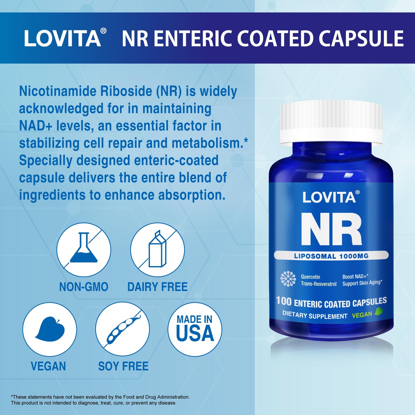LOVITA Liposomal NR (Nicotinamide Riboside) 1000 mg with Quercetin & Trans-Resveratrol, 100 Capsules