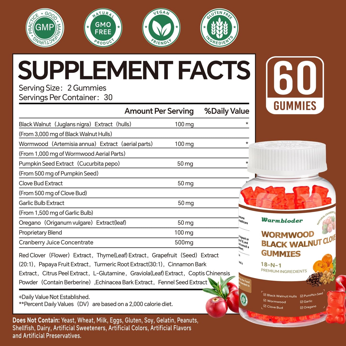 Warmbioder 18-in-1 Wormwood Black Walnut Clove Gummies for Adults, Liver Support with Pumpkin Seed Oil, Digestive Health, 60 Gummies