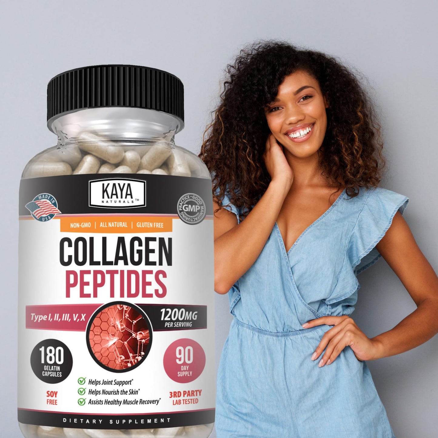 Kaya Naturals Multi Collagen Peptides Complex (Types I, II, III, V & X), Capsule, 180 Count