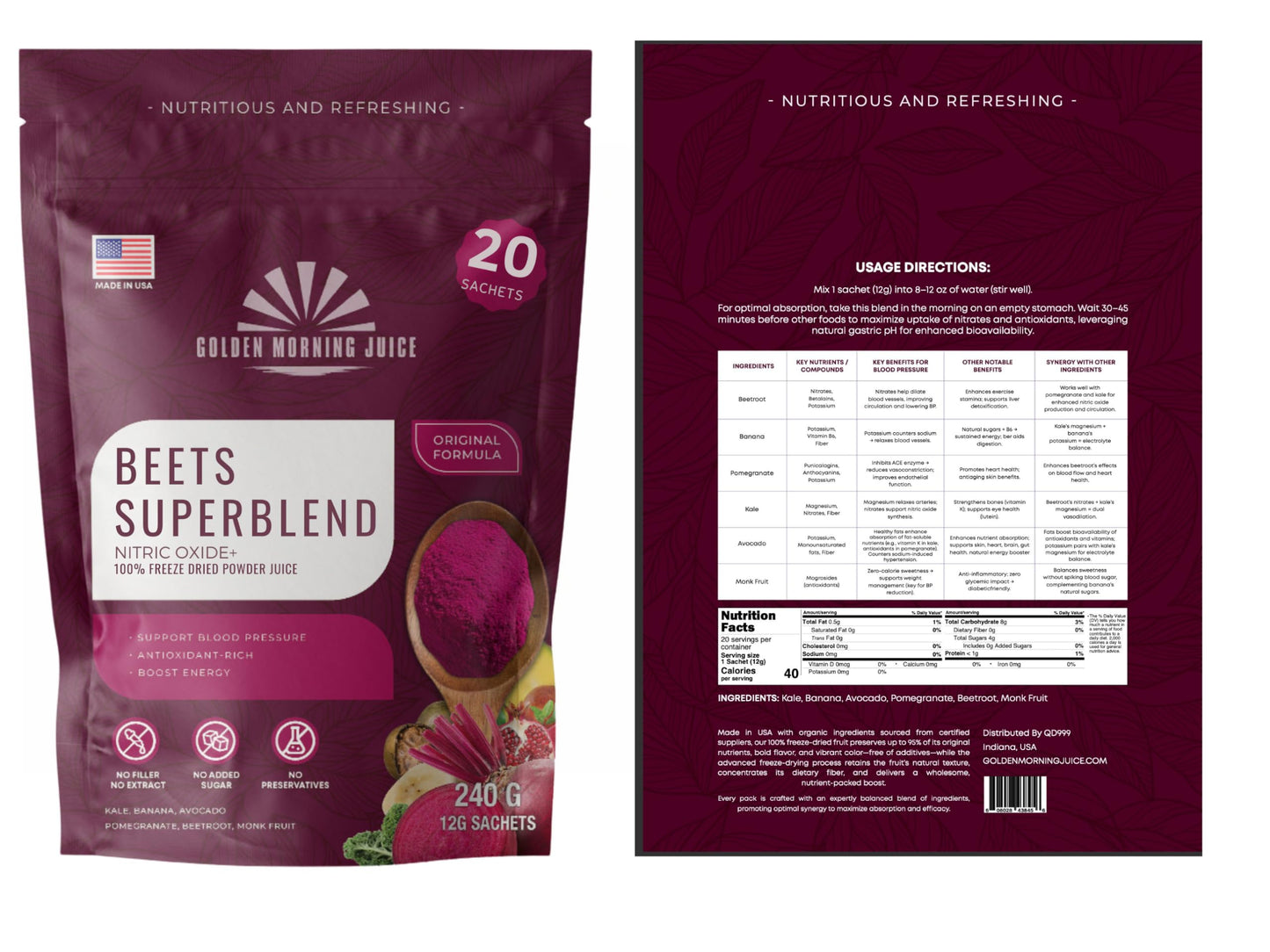 Golden Morning Juice Beets Superfoods Blended Powder Juice: Nitric Oxide Booster & Energy Blend | Beetroot Pomegranate Powder to Extend NO & Blood Flow | No Added Sugar, Freeze-Dried 8.5 Ounce