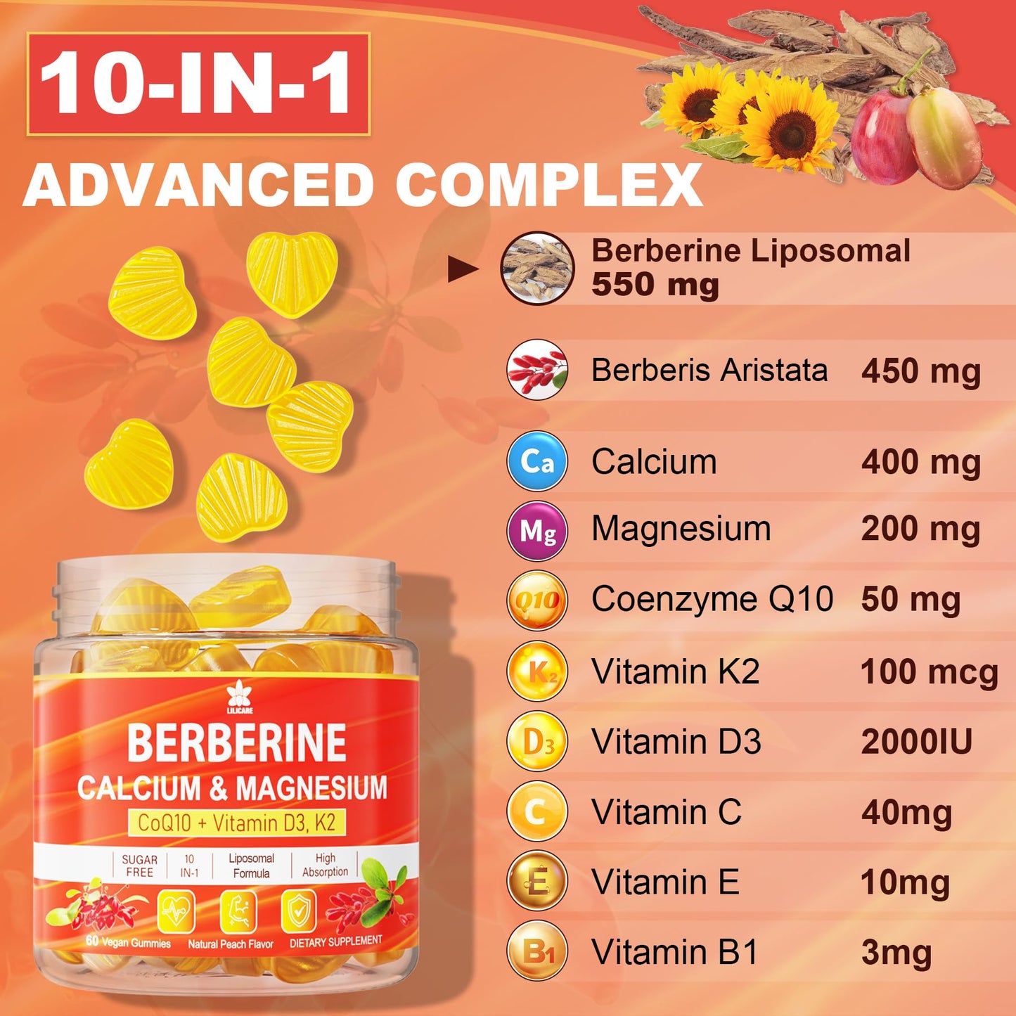 LILICARE Berberine Gummies Sugar Free with Liposomal Berberine & Berberine HCI, Calcium, Magnesium, AMPK Activator, Vegan, 60 Count