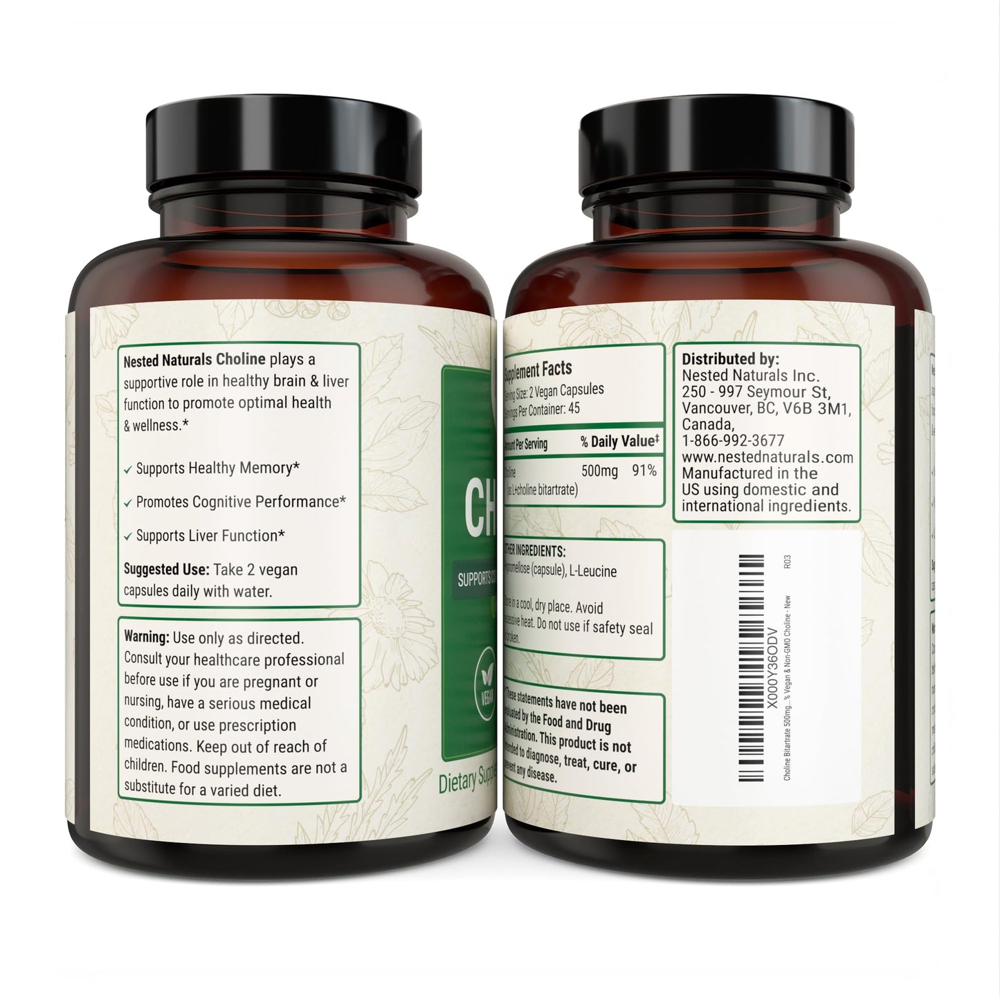 Nested Naturals Choline Bitartrate 500mg - High Potency Choline Supplements - Supports Maternal & Fetal Health During Pregnancy* - 100% Vegan & Non-GMO - 2-Pack (180 Vegan Capsules)