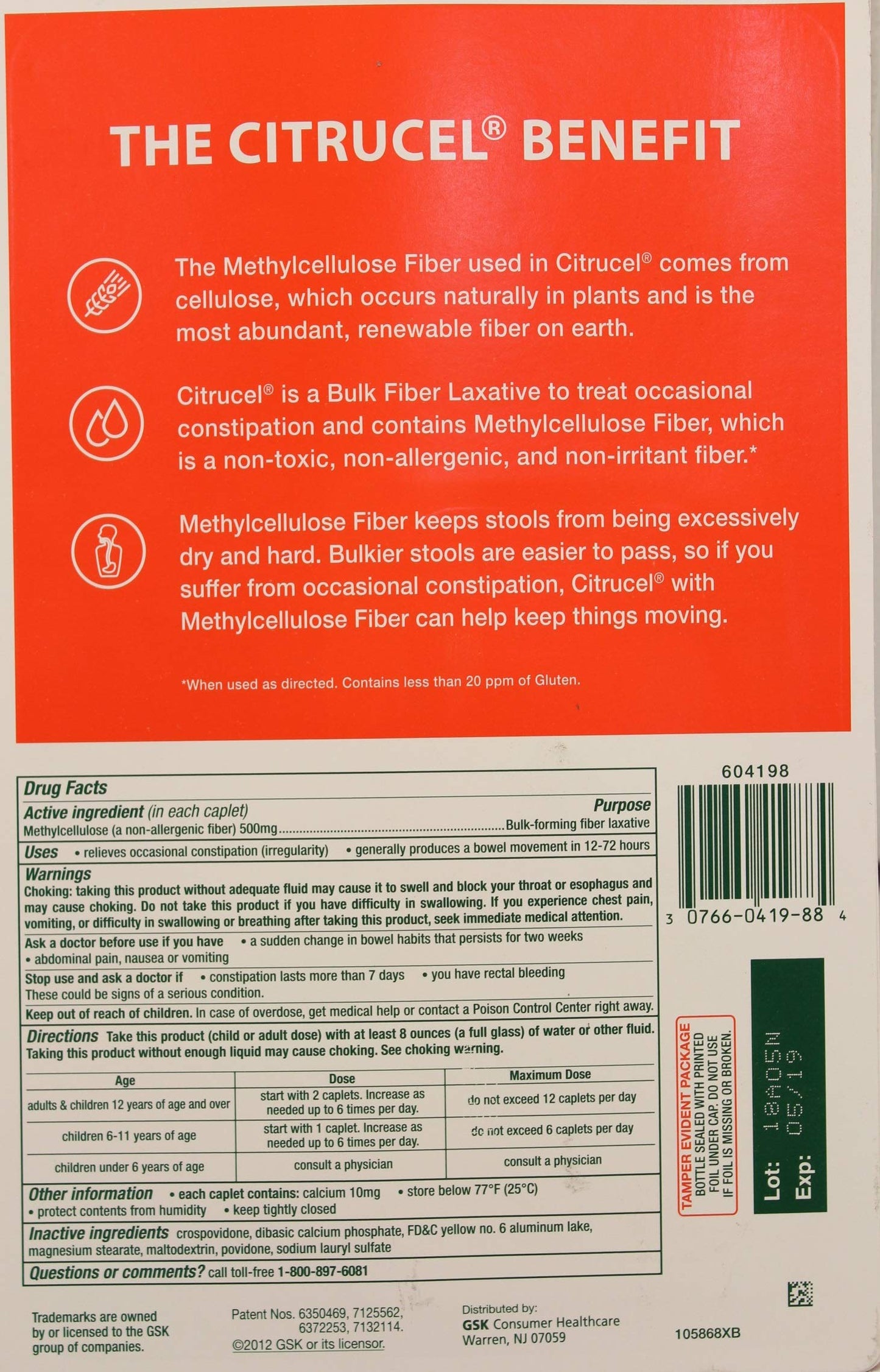 Citrucel Methylcellulose Fiber Therapy For Irregularity 240 Caplets
