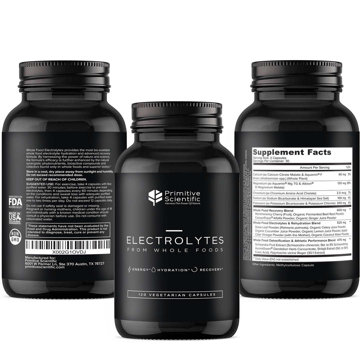 Primitive Scientific Whole Food Electrolyte Capsules Advanced Hydration Supplement with Magnesium, Potassium & Calcium, 120 Count