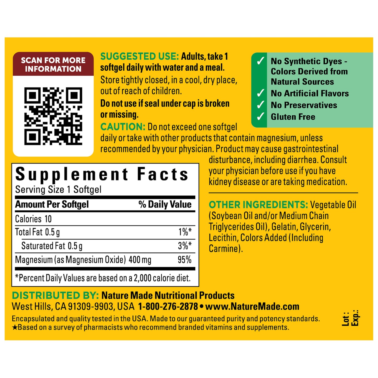 Nature Made Magnesium Oxide 400 mg Softgels, 60 Count
