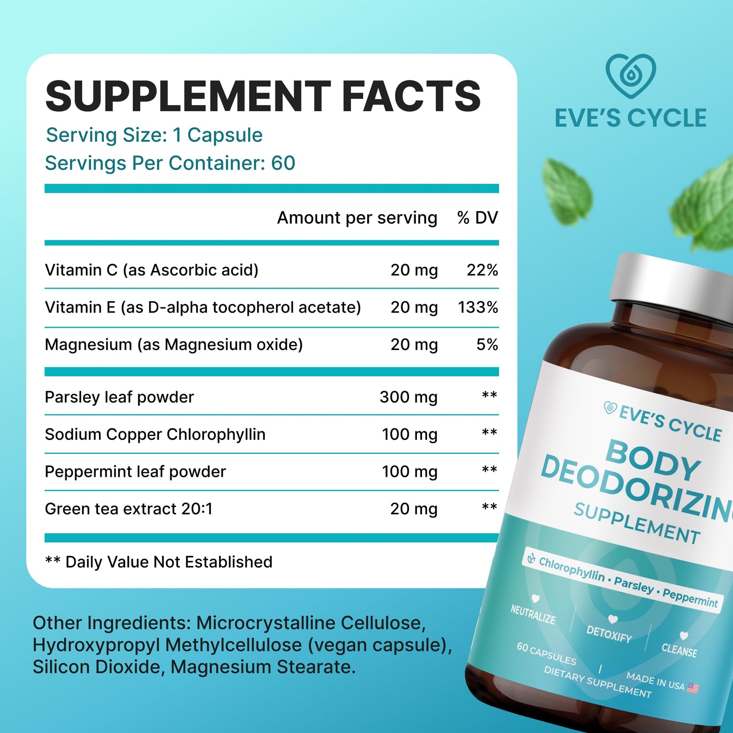 Eve's Cycle Chlorophyll Capsules with Parsley & Peppermint – Body Deodorizing Supplement, 60 Capsules