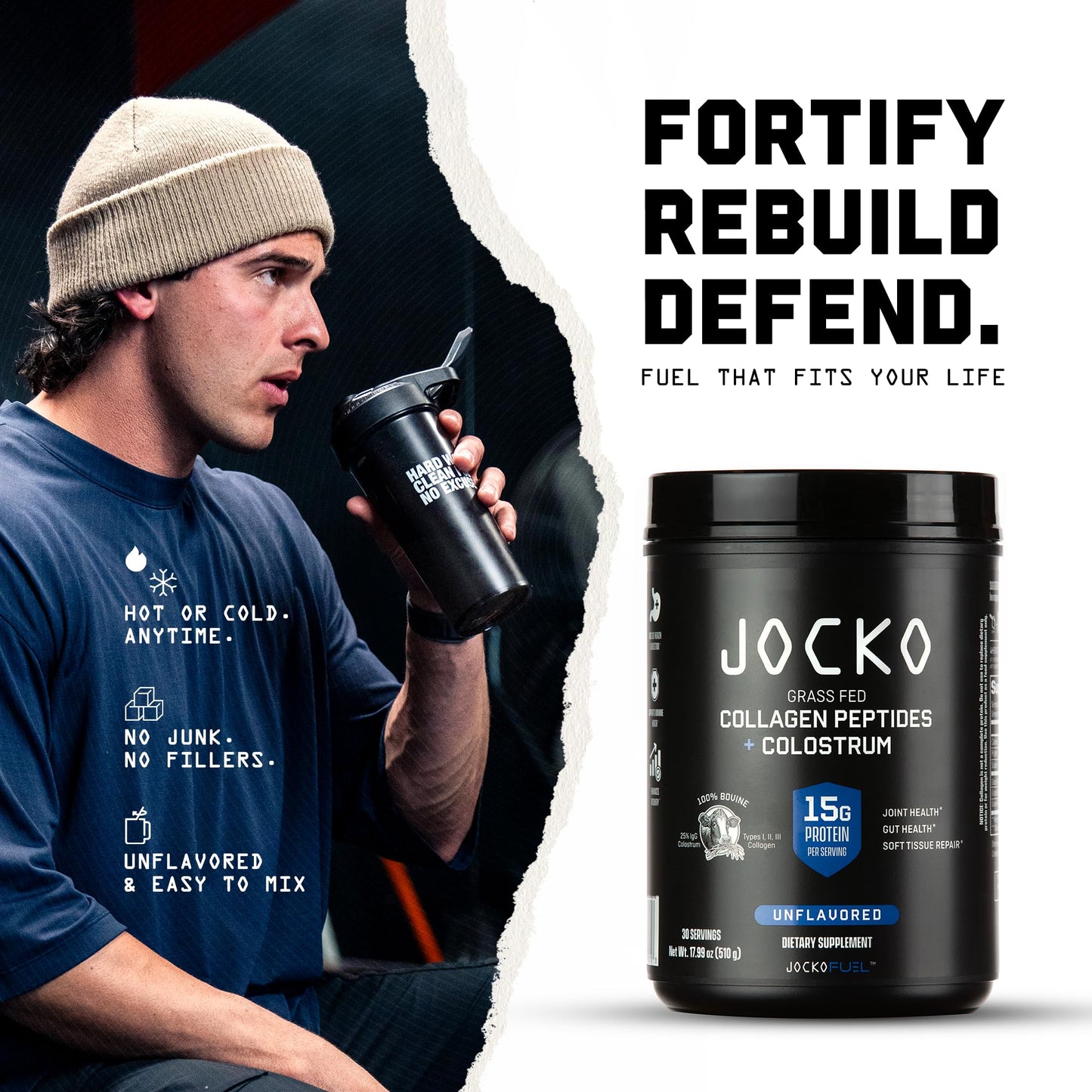 Jocko Fuel Collagen Powder with Colostrum 15g Hydrolyzed Collagen + 2g First-Milking Colostrum – Dual Action for Gut Health, Joint Support, and Immune Defense – Recovery Supplement, 18 Servings