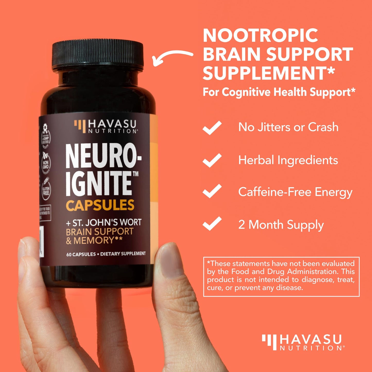 HAVASU NUTRITION NeuroIGNITE Brain Supplements for Memory and Focus Non-GMO Capsules, 60 Count