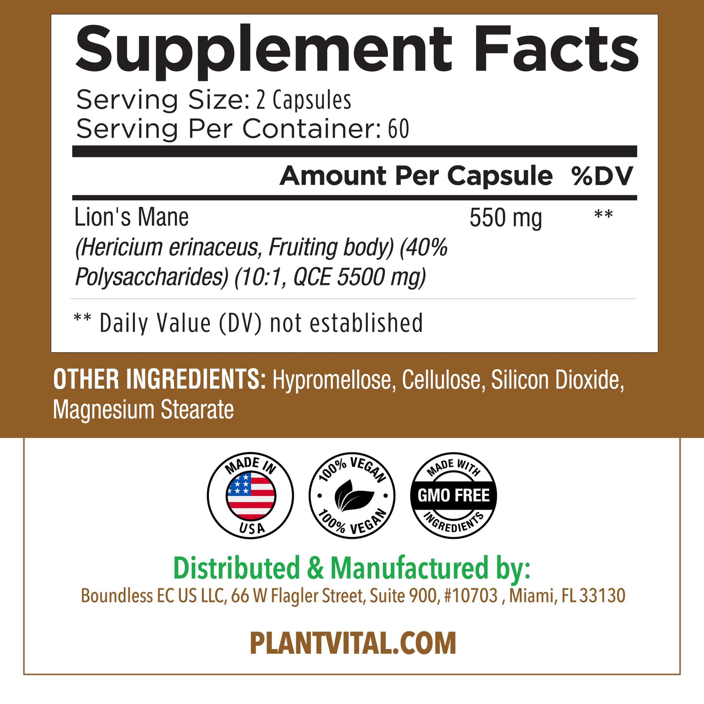 Plantvital Lion's Mane Mushroom Supplement, 120 Capsules