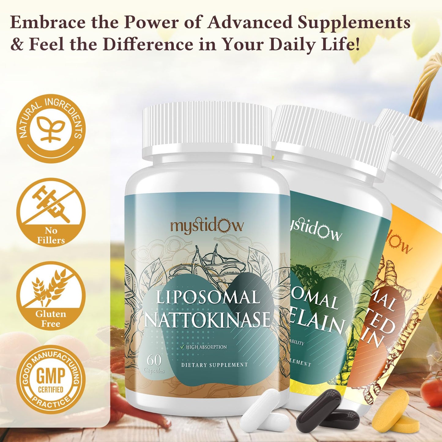 Mystidow Spike Support Trio Liposomal Nattokinase 8000 FU, Bromelain 1150 mg & Fermented Curcumin 1800 mg Capsules, 240 Count