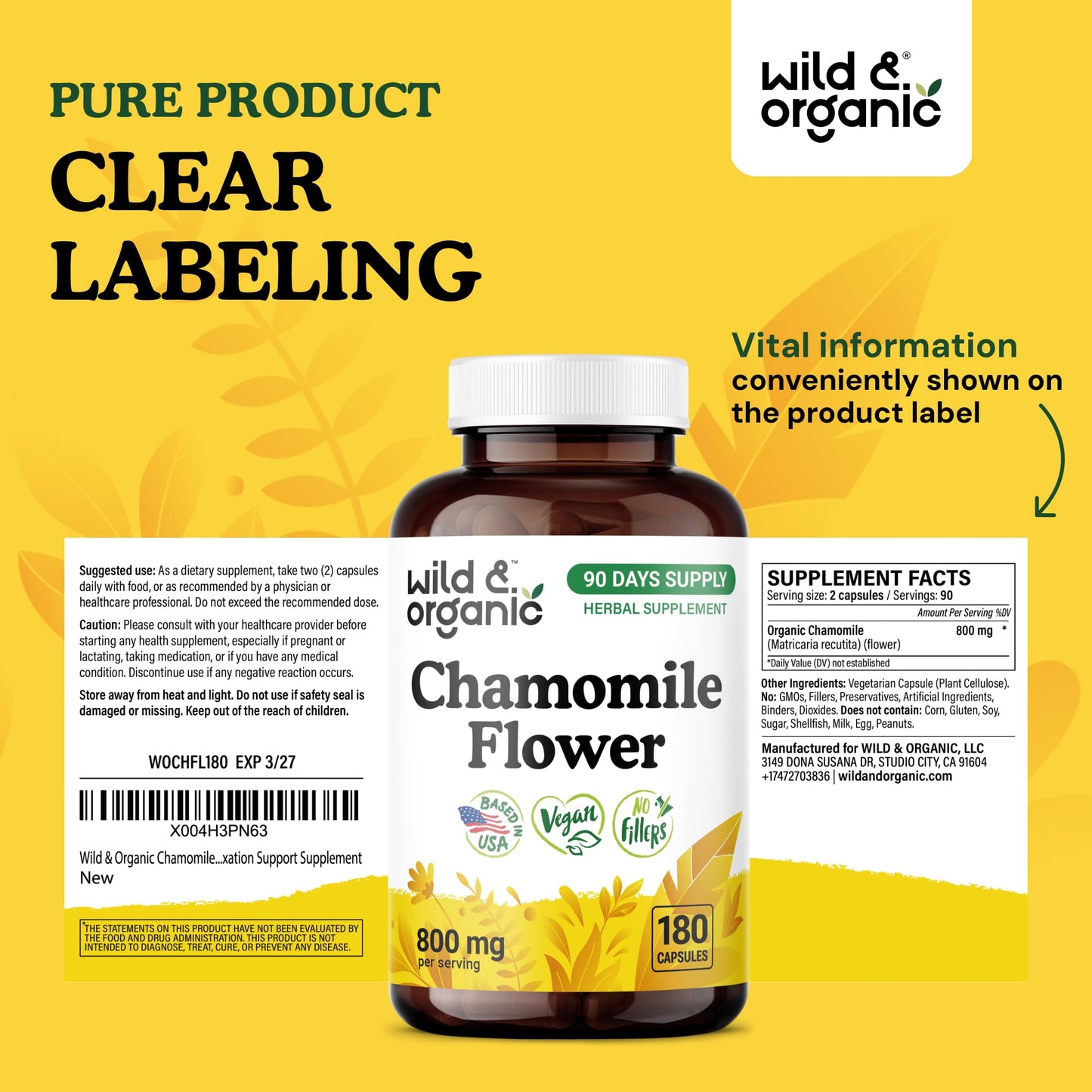 Wild & Organic Chamomile Capsules 800 mg - Relaxation Support, 180 Capsules