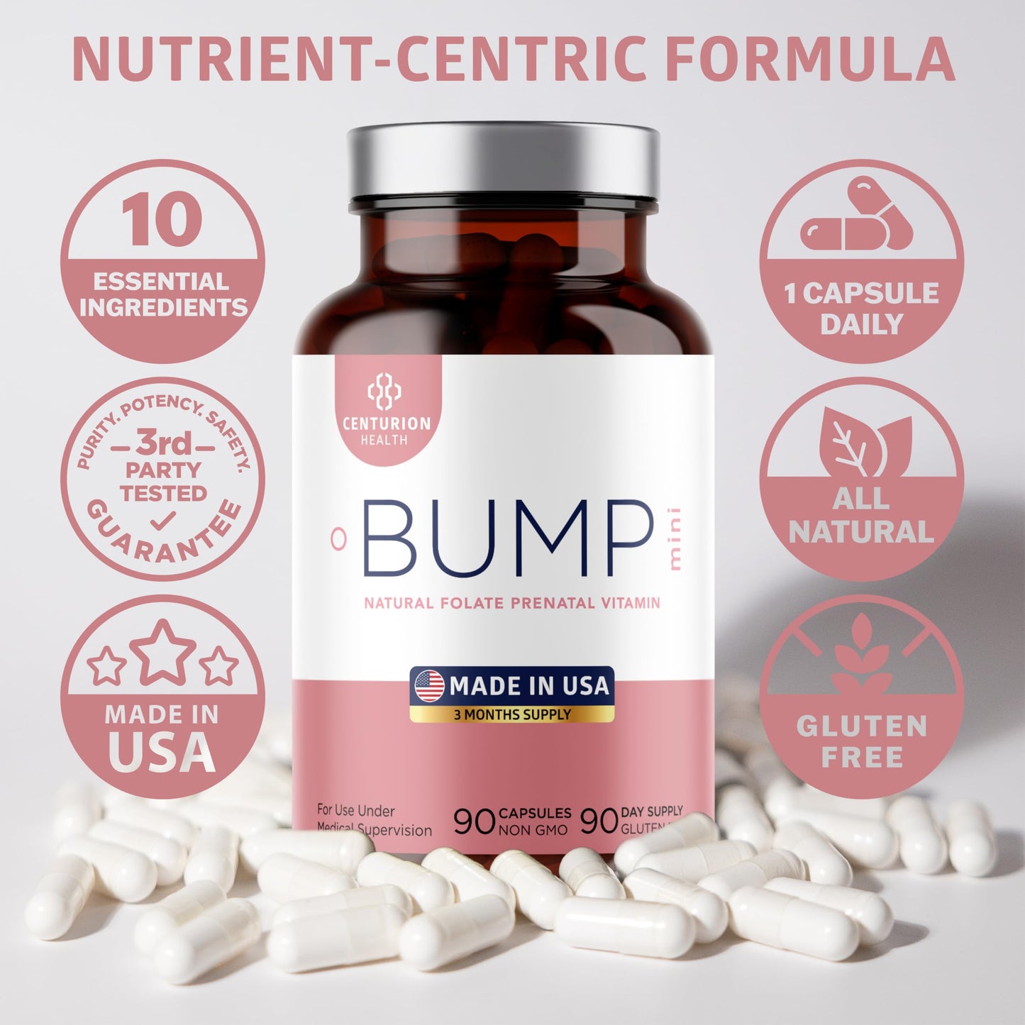 Centurion Health Bump Mini Complete Prenatal Vitamins for Women with Folate, Choline, Carbonyl Iron, Zinc, Vitamin D3 and Vitamin B12 for Fetal Development and Pregnancy Support Capsules, 90 Count
