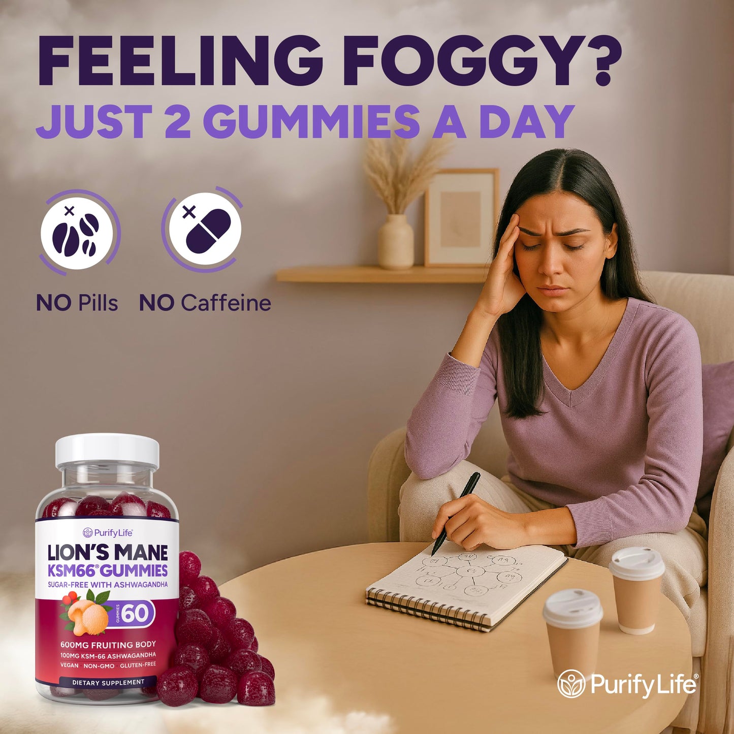 Purify Life Lions Mane Supplement Gummies with KSM-66 Ashwagandha for Focus Support, 60 Gummies