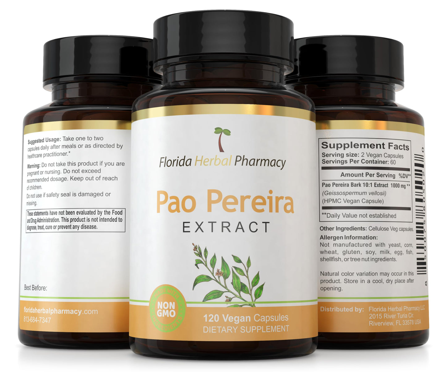 Florida Herbal Pharmacy Pao Pereira Bark Extract Supplement Capsules 10:1, 120 Capsules