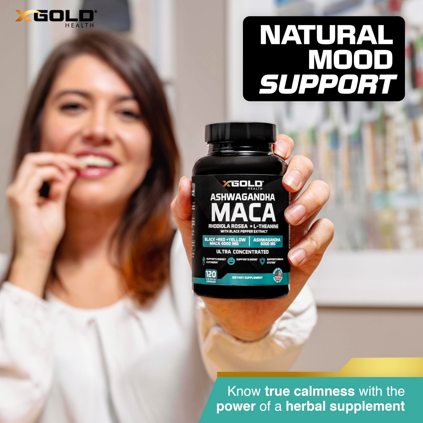 X Gold Health Ashwagandha & Maca Root Capsules with Rhodiola & L-Theanine (30:1 Ashwagandha Extract; 20:1 Maca Root Extract), 120 Capsules