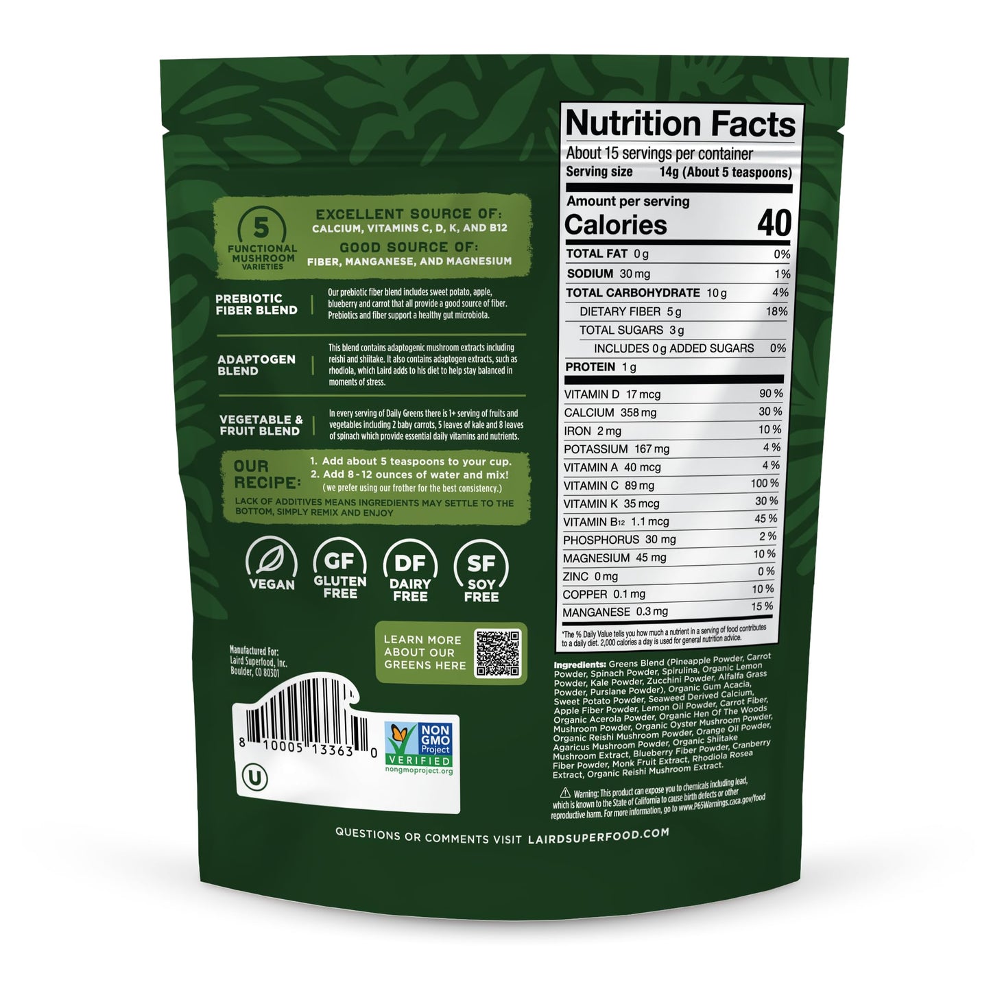 Laird Superfood Prebiotic Daily Greens Powder 7.4 oz