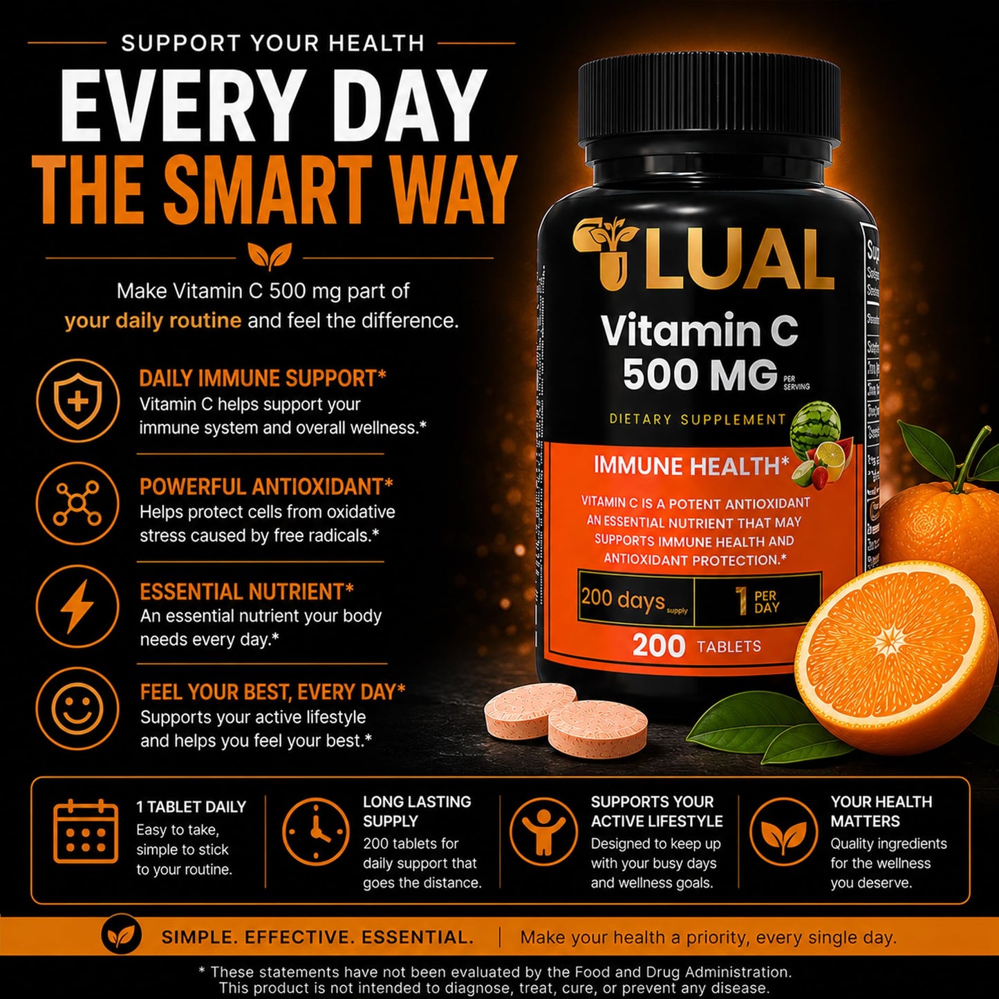 LUAL Vitamin C 500mg Chewable Tablets 200 Count