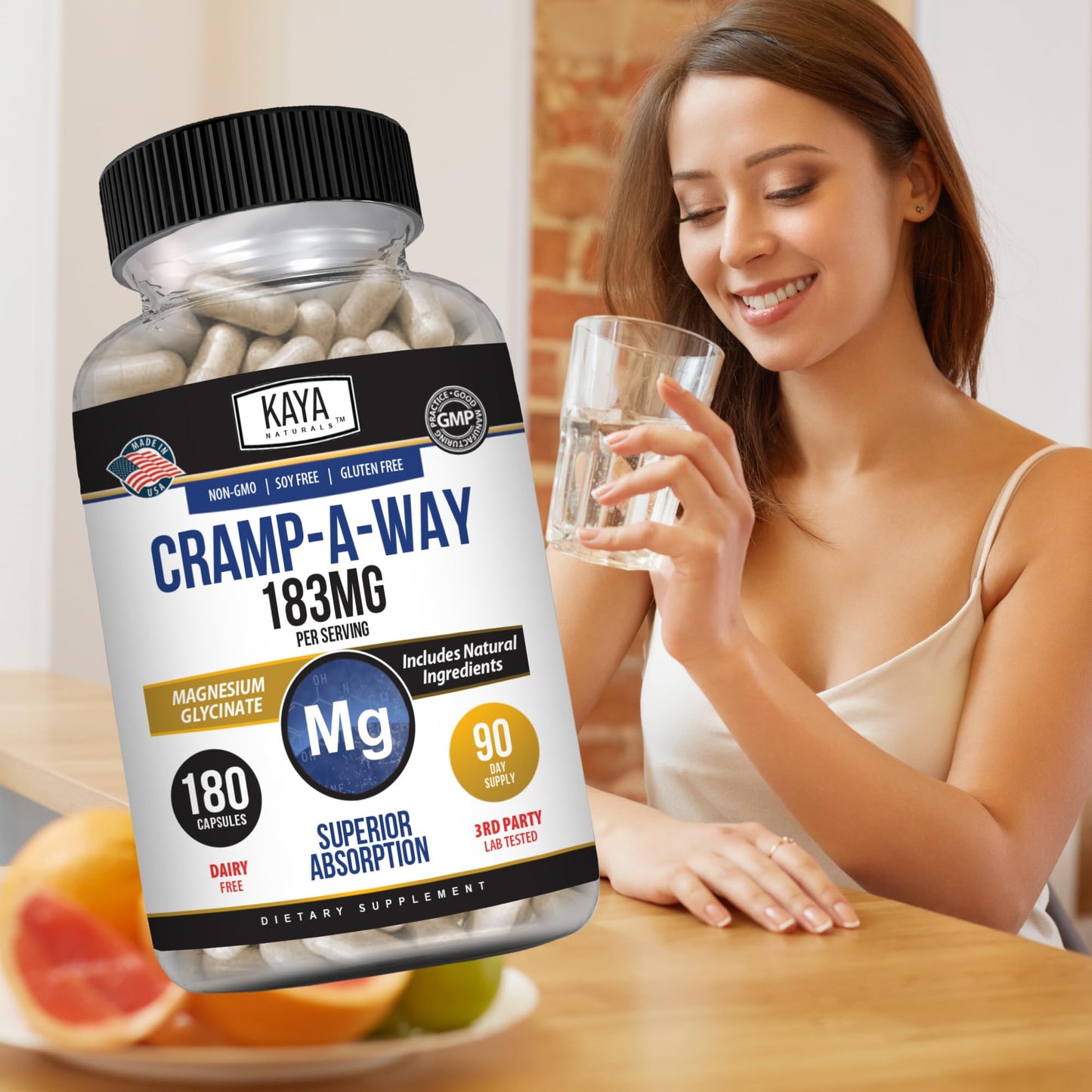 Kaya Naturals Cramp-A-Way Magnesium Glycinate 183mg Capsules, 180 Count