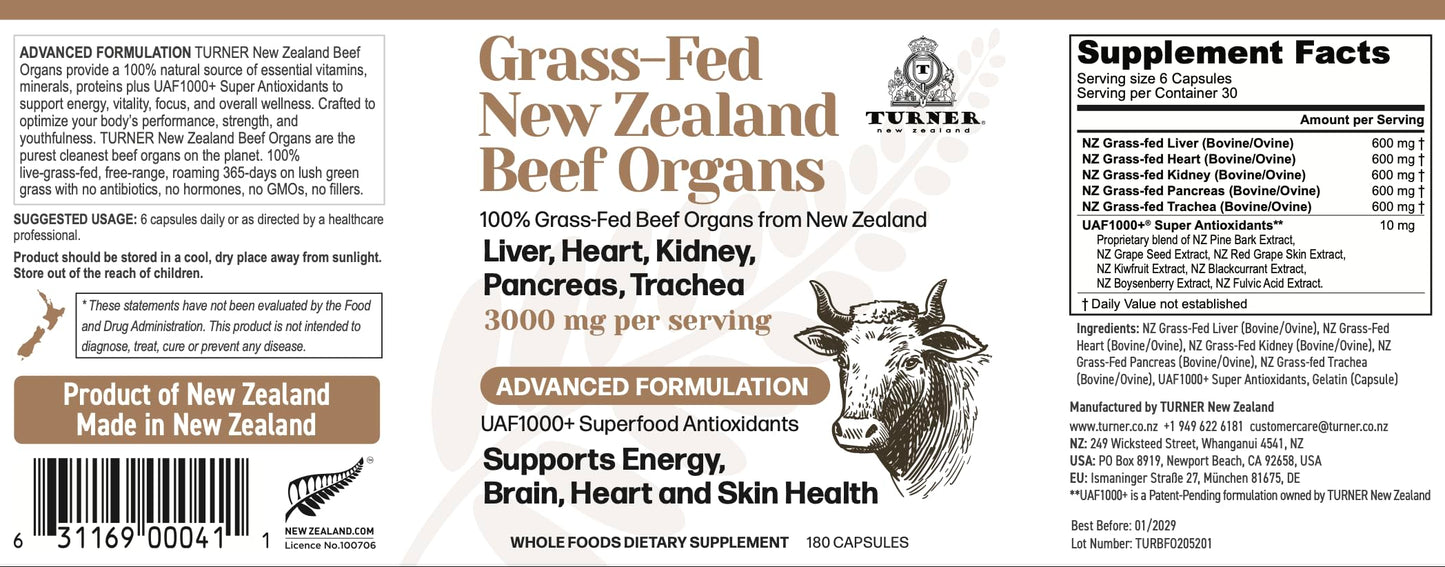 TURNER New Zealand 100% Live-Grass-Fed Beef Organs Complex Capsules, 180 Capsules