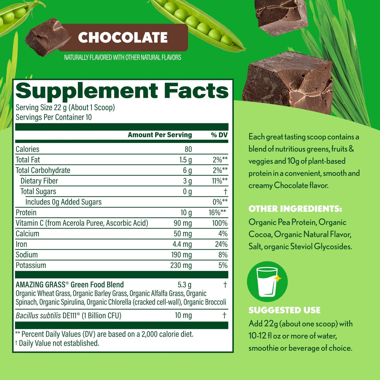 Amazing Grass Super Greens+ Protein Powder, Chocolate, 7.76 oz, 10 Servings