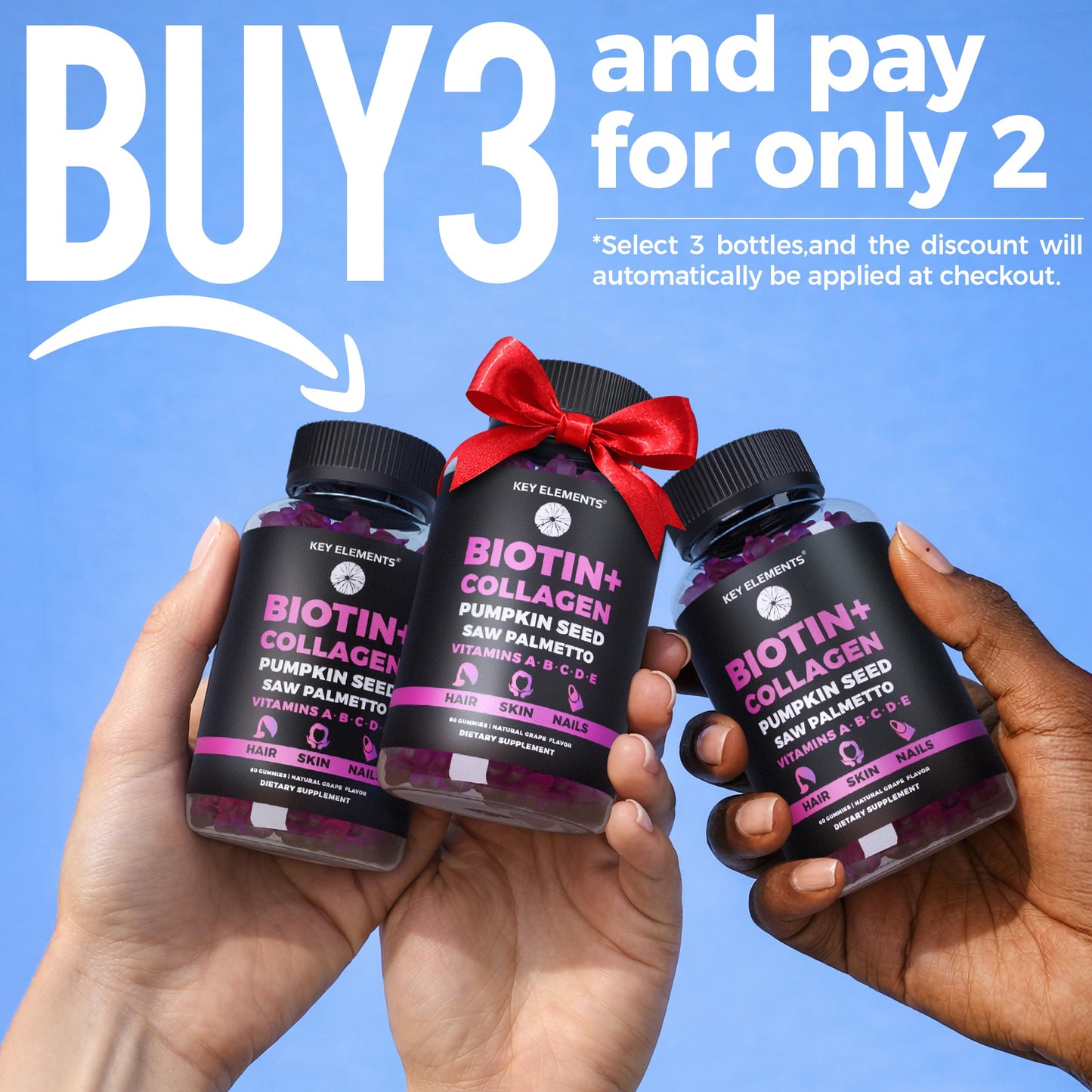 KEY ELEMENTS Hair Skin and Nails 10000mcg Biotin & Collagen, Gummy, 60 Count