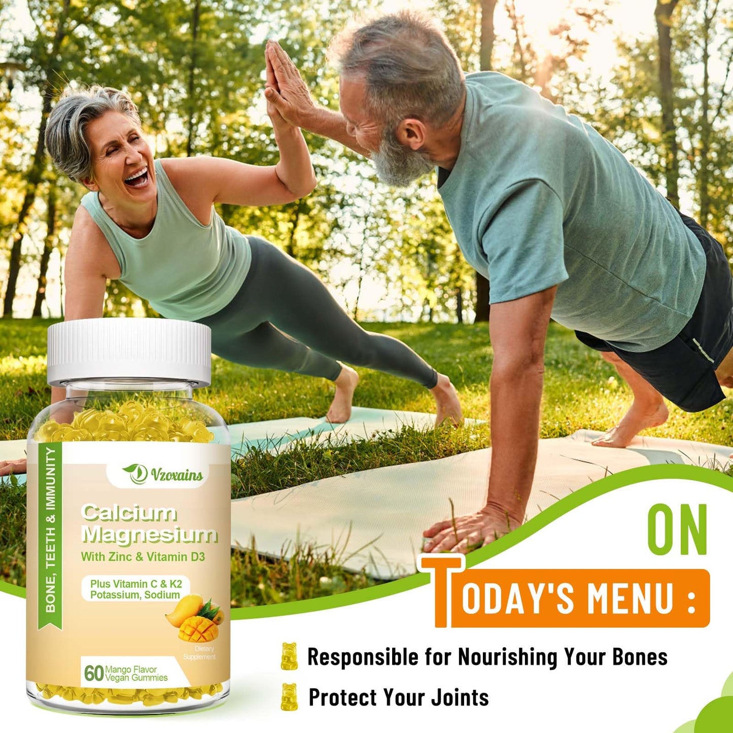 VZOXAINS Calcium Gummies with Magnesium Glycinate, Zinc, Potassium & Vitamin D3, 120 Gummies