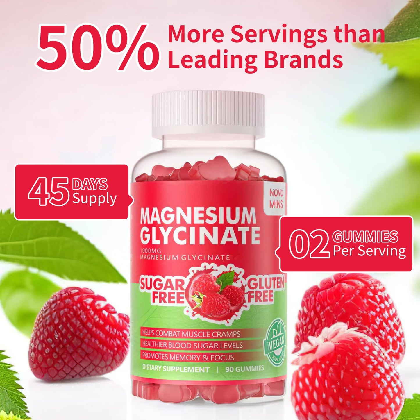 Novomins Magnesium Glycinate Gummies 1000mg, Sugar Free Magnesium Potassium Supplement with Vitamin D, B6, CoQ10 for Calm Mood & Sleep Support, Raspberry, 90 Gummies