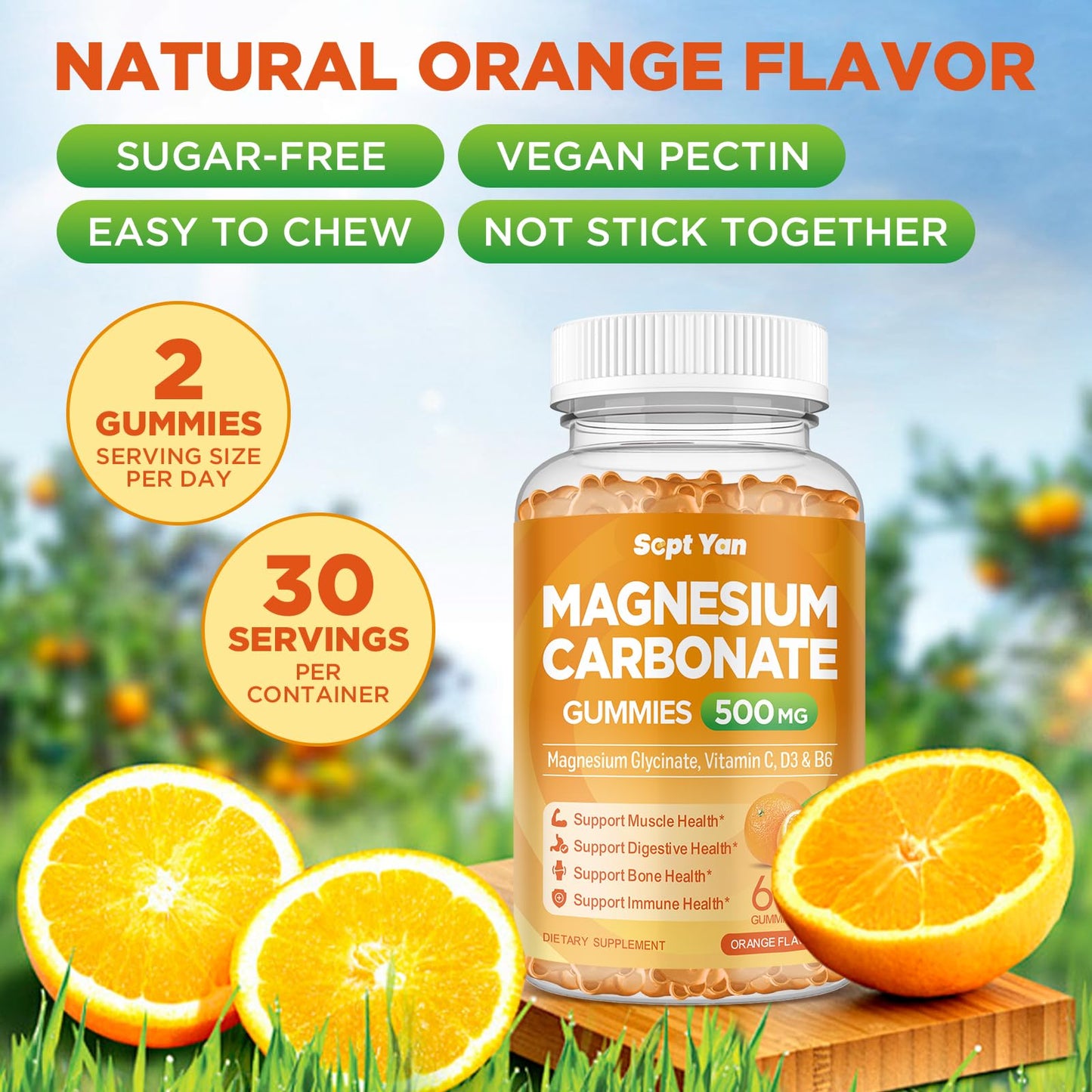 SEPT YAN Magnesium Carbonate Gummies 500mg, Magnesium Supplement with Vitamin C, D3 & B6 for Muscle, Bone, Digestive & Immune Support, Orange Flavor, Sugar Free, Vegan, 60 Gummies