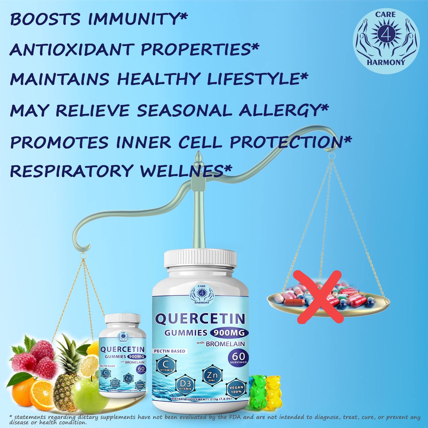 CARE 4 HARMONY Quercetin Gummies with Bromelain, Vitamin C, Zinc & Vitamin D3, 900mg Quercetin, 120 Gummies