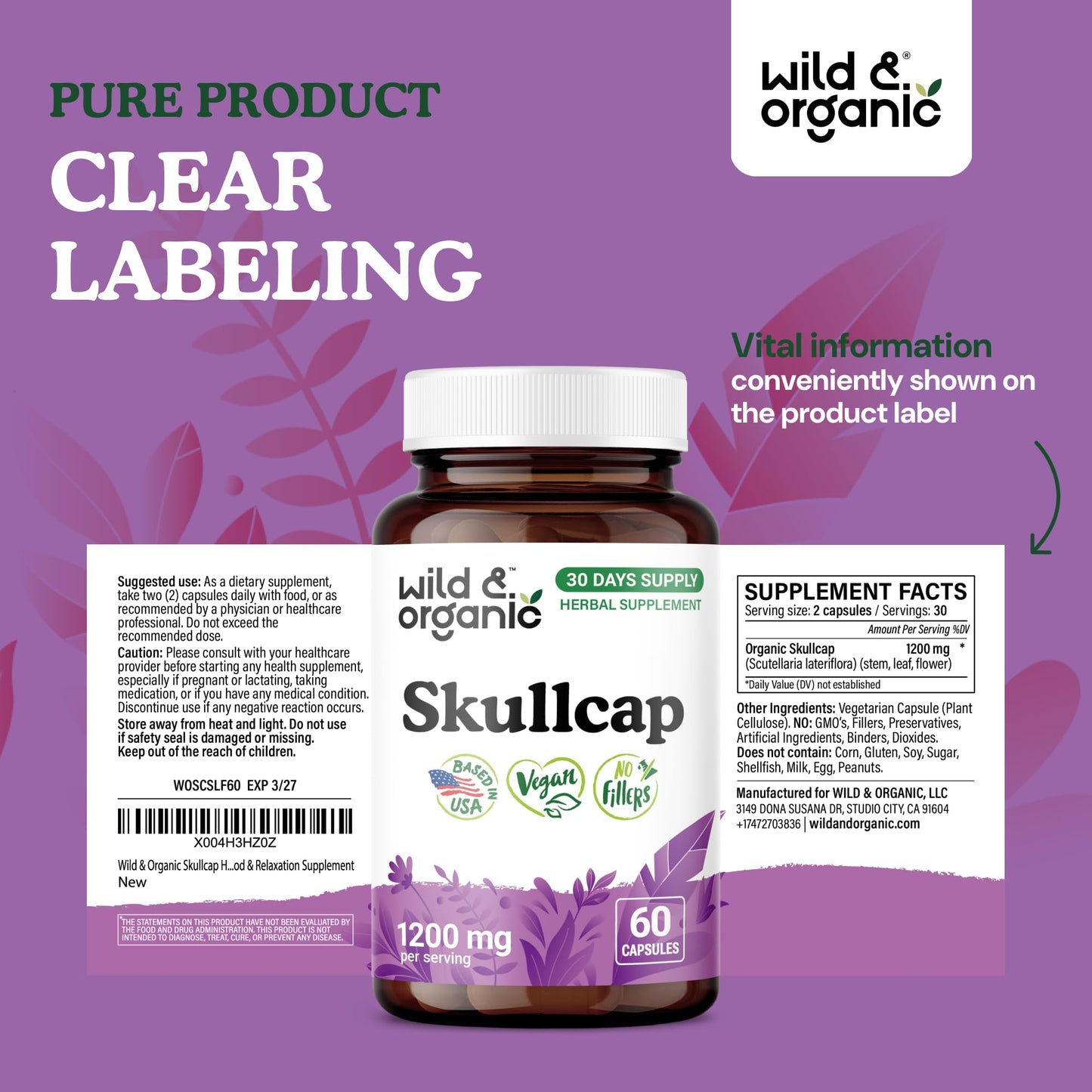 Wild & Organic Skullcap Capsules 1200 mg, 60 Count