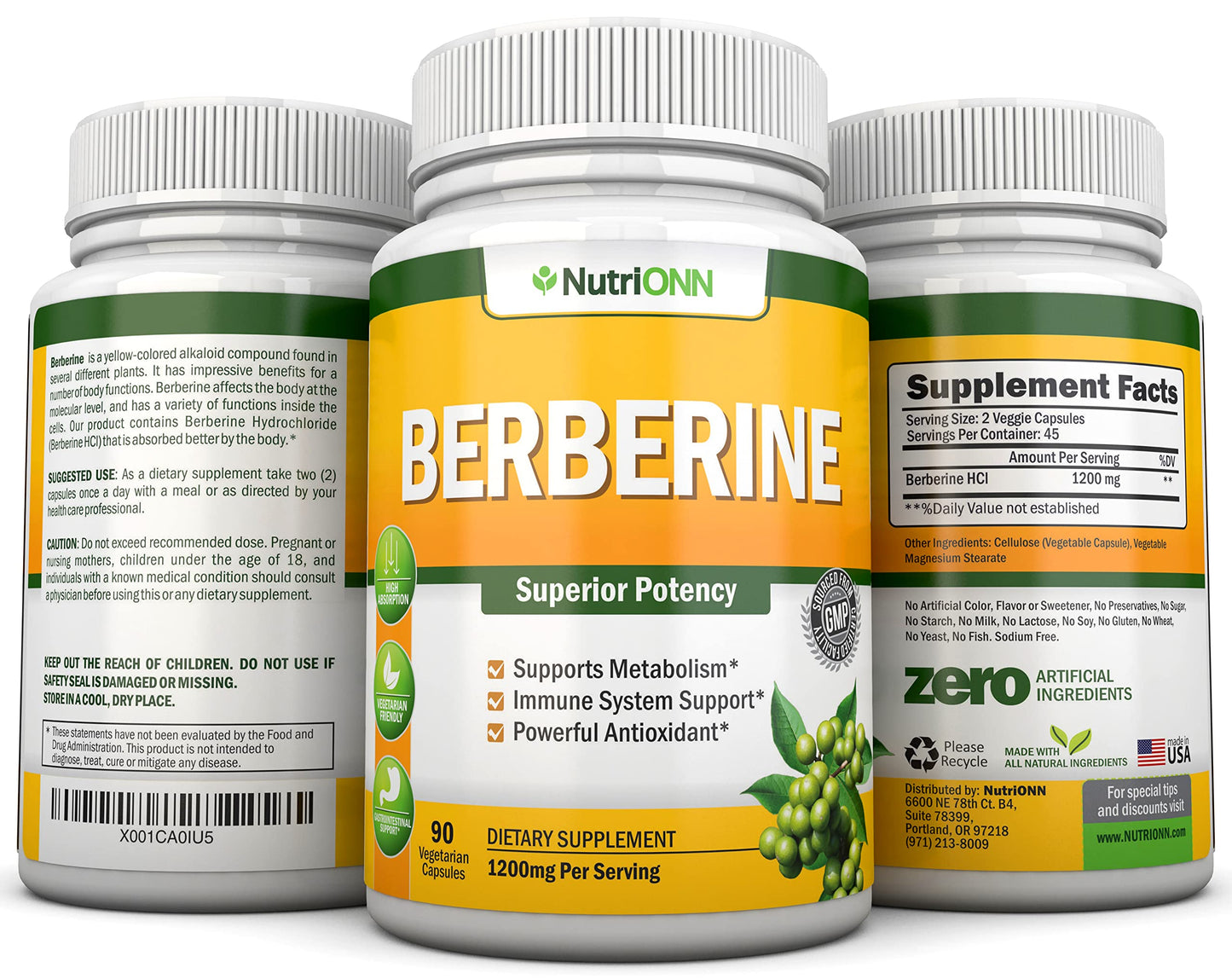 NutriONN Berberine HCL Extract 1200mg per Serving, 90 Vegetarian Capsules