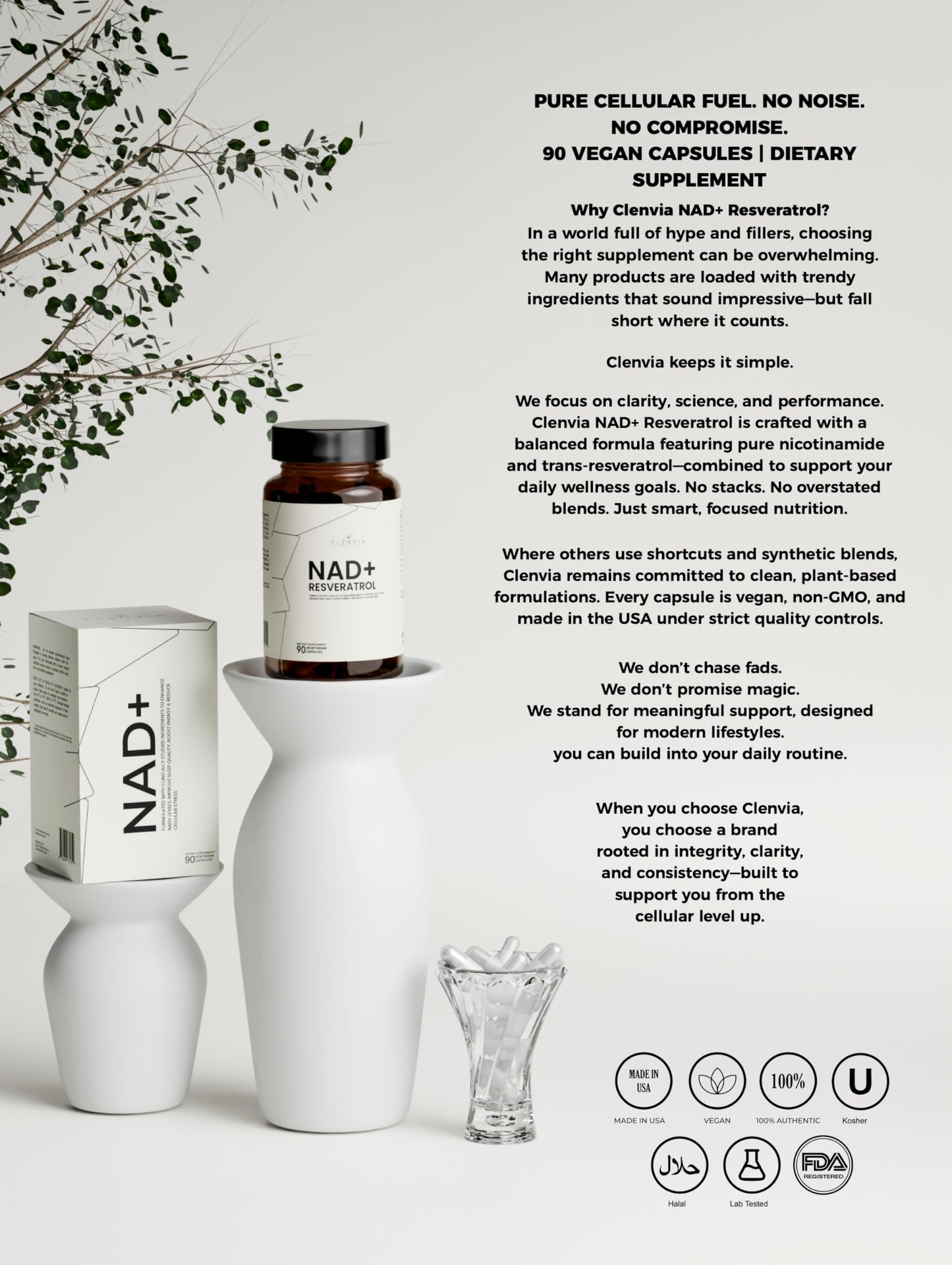 CLENVIA NAD+ Supplement with Resveratrol Advanced NAD+ Complex Capsules, 90 Capsules