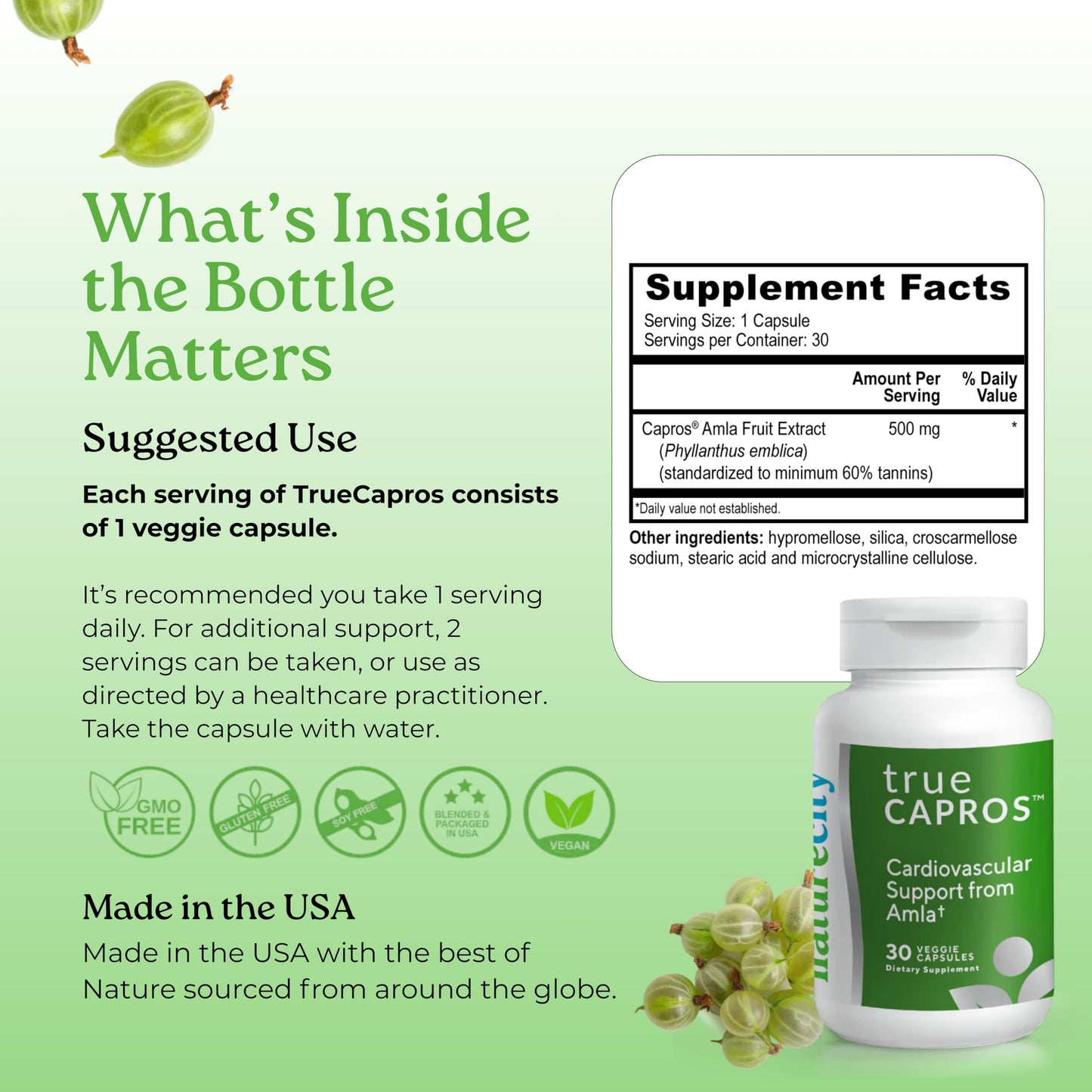 NatureCity True-Capros Amla Fruit Extract Supplement Polyphenol Antioxidant Power Supports Cardiovascular Heart Health 30 Capsules