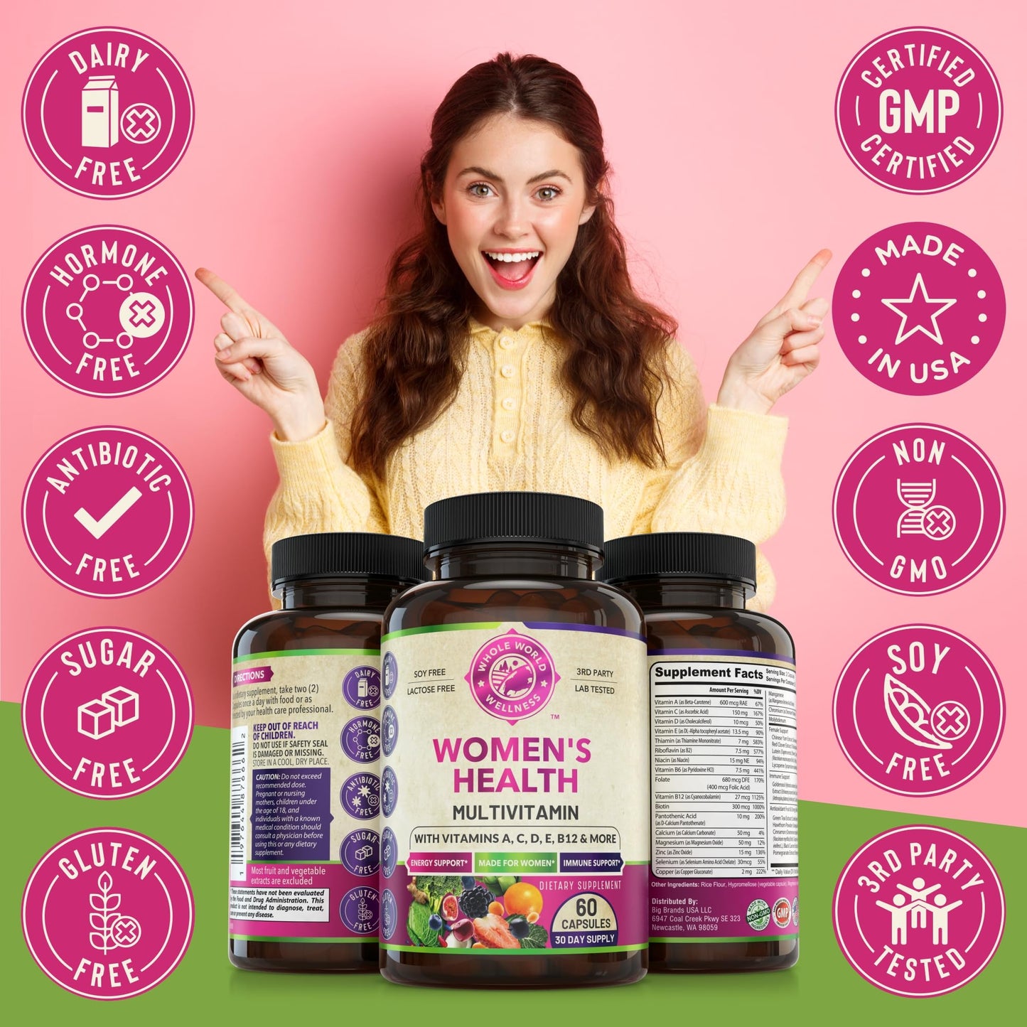 WHOLE WORLD WELLNESS Womens Daily Multivitamin Multimineral Capsule for Energy, Mood, Focus, Hair, Skin & Nails, 60 Count