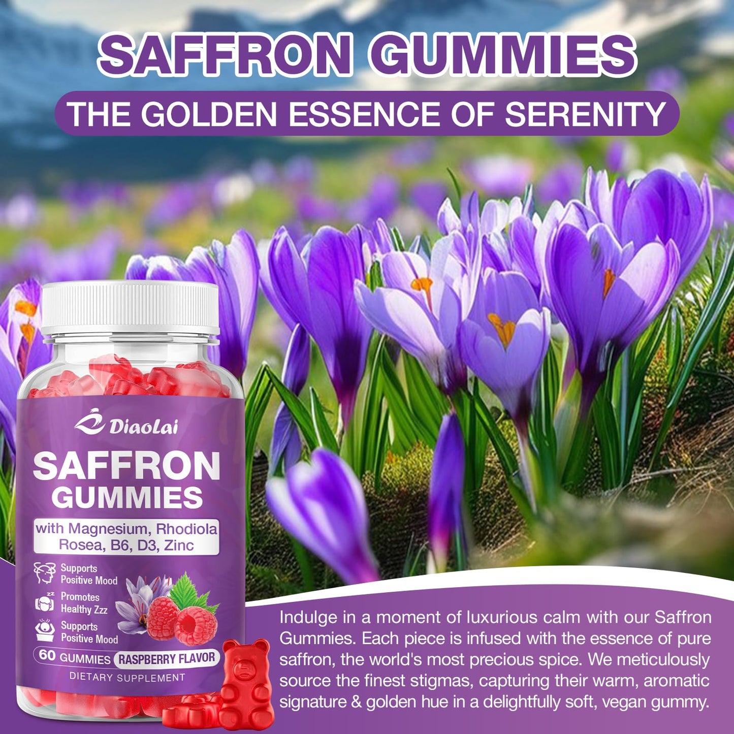 DIAOLAI Max Strength Saffron Gummies 88.5mg with Magnesium, St. John's Wort & Rhodiola for Mood Support, Focus - Sugar-Free, 120 Count