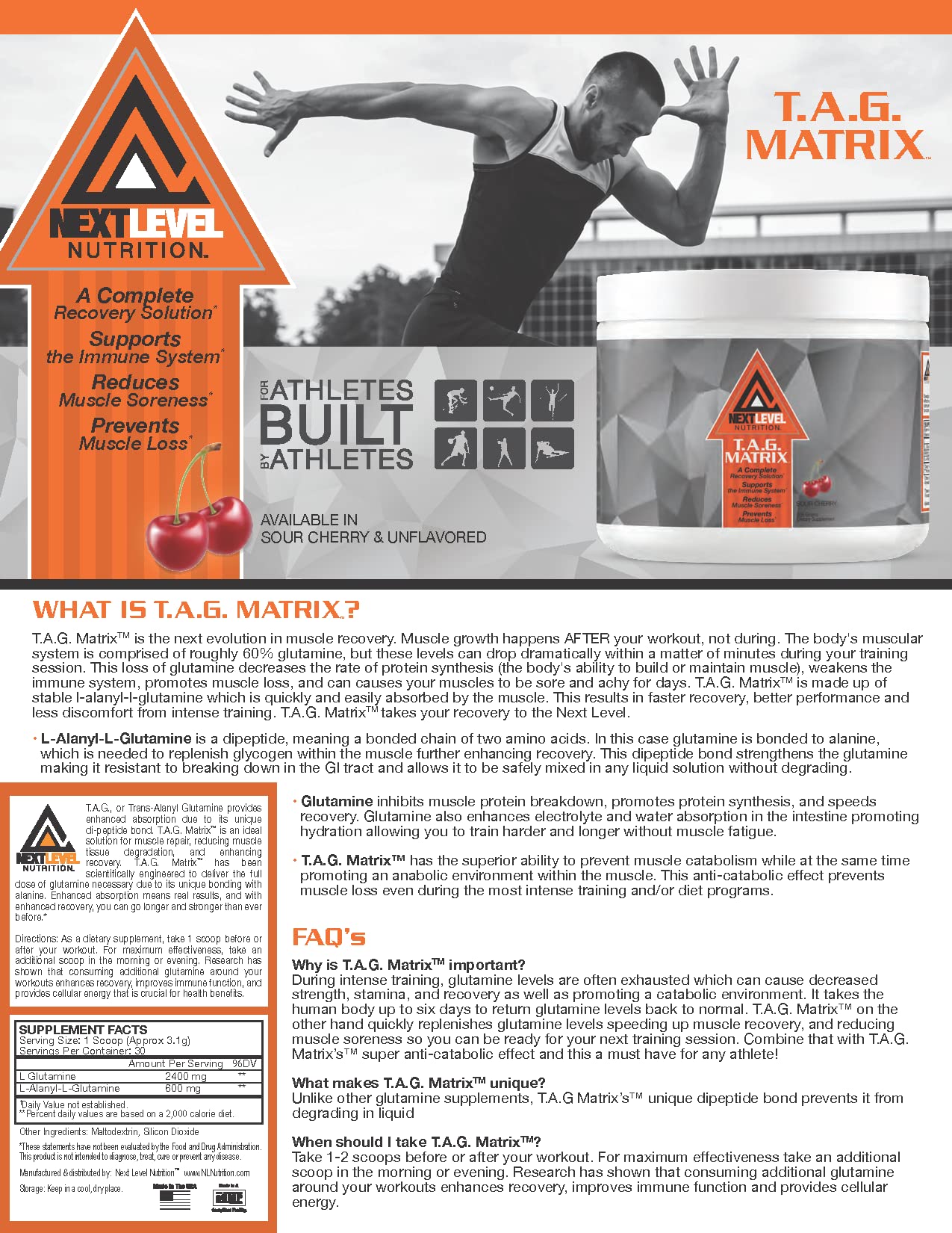 Next Level Nutrition TAG Matrix Unflavored Glutamine Intra Workout Amino Recovery Powder, 360 Servings