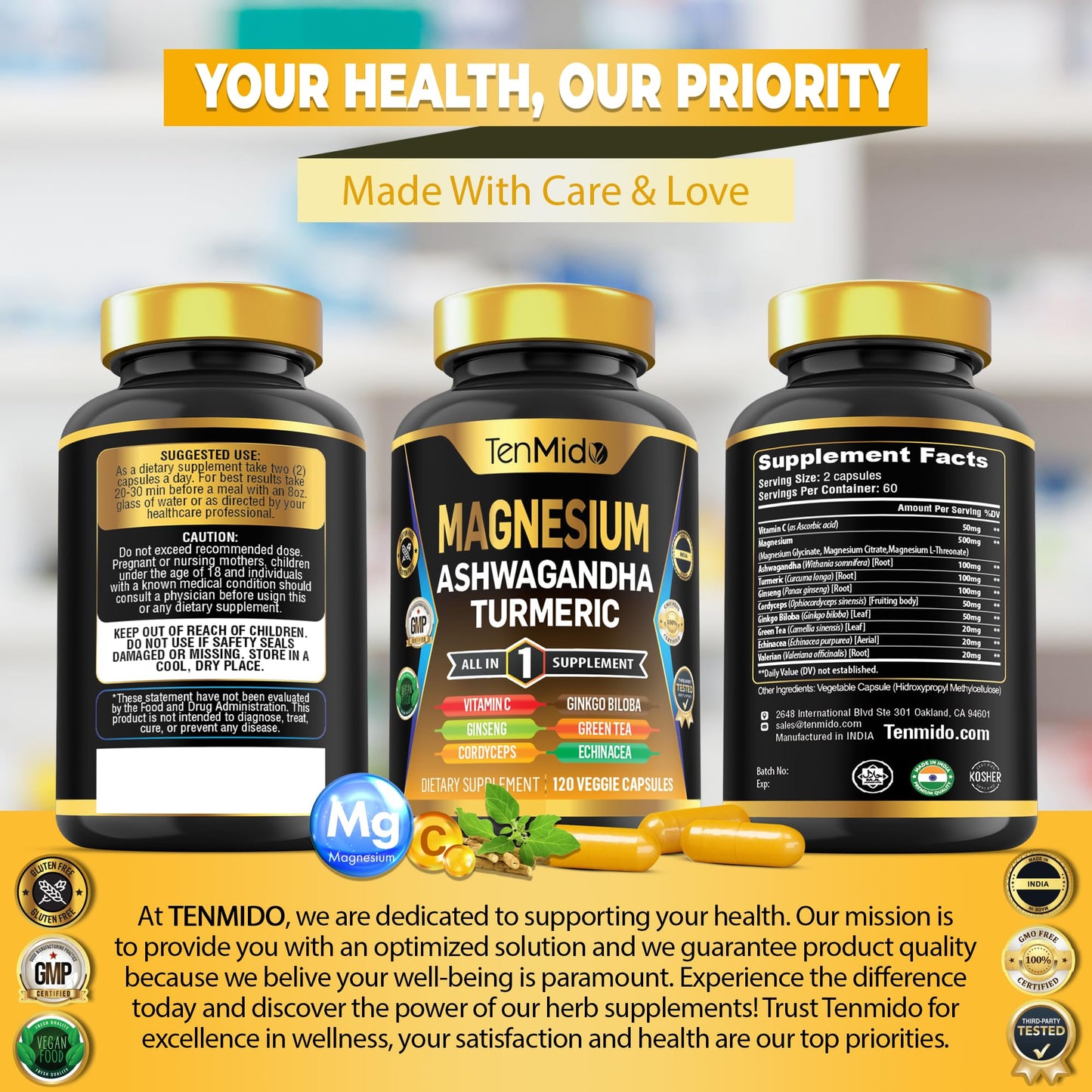 Tenmido Magnesium Supplement Capsules 120 Count