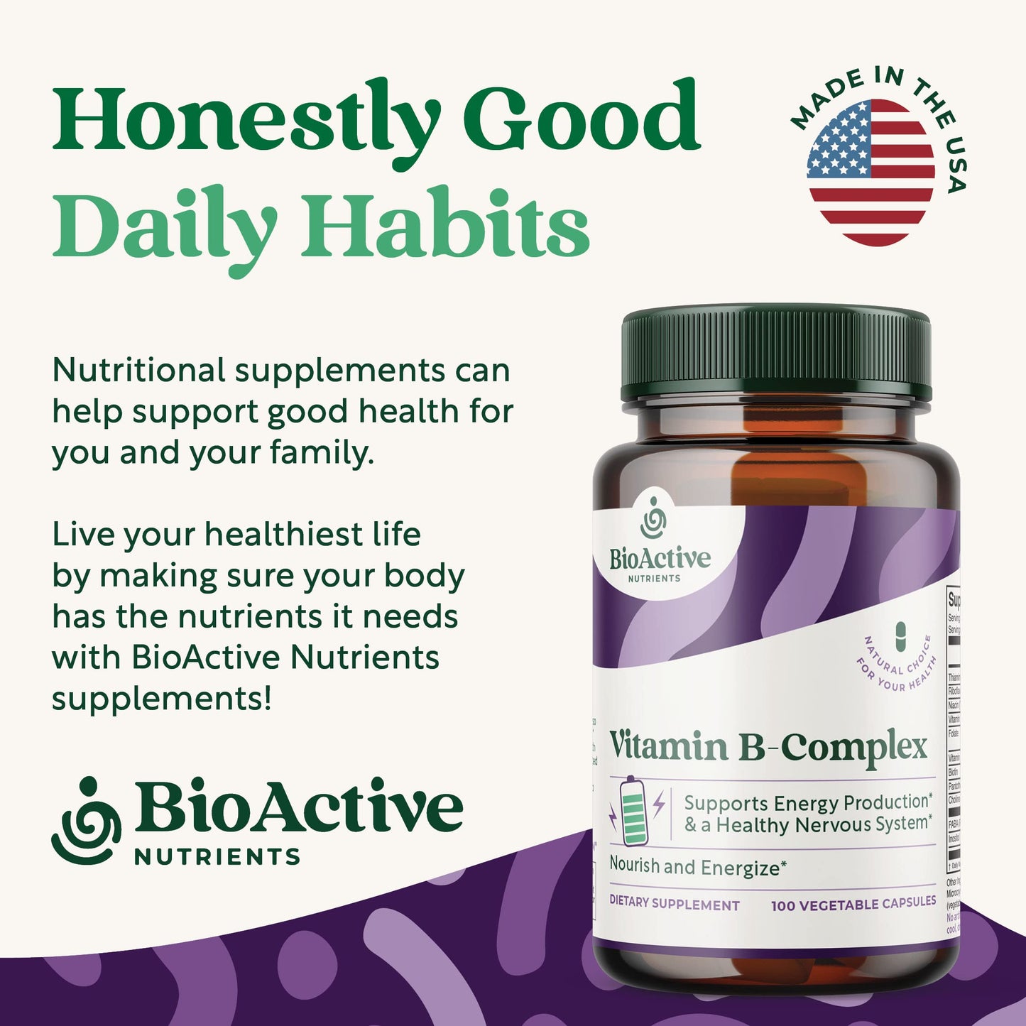 BIOACTIVE NUTRIENTS Vitamin B Complex Dietary Supplement Capsules 100