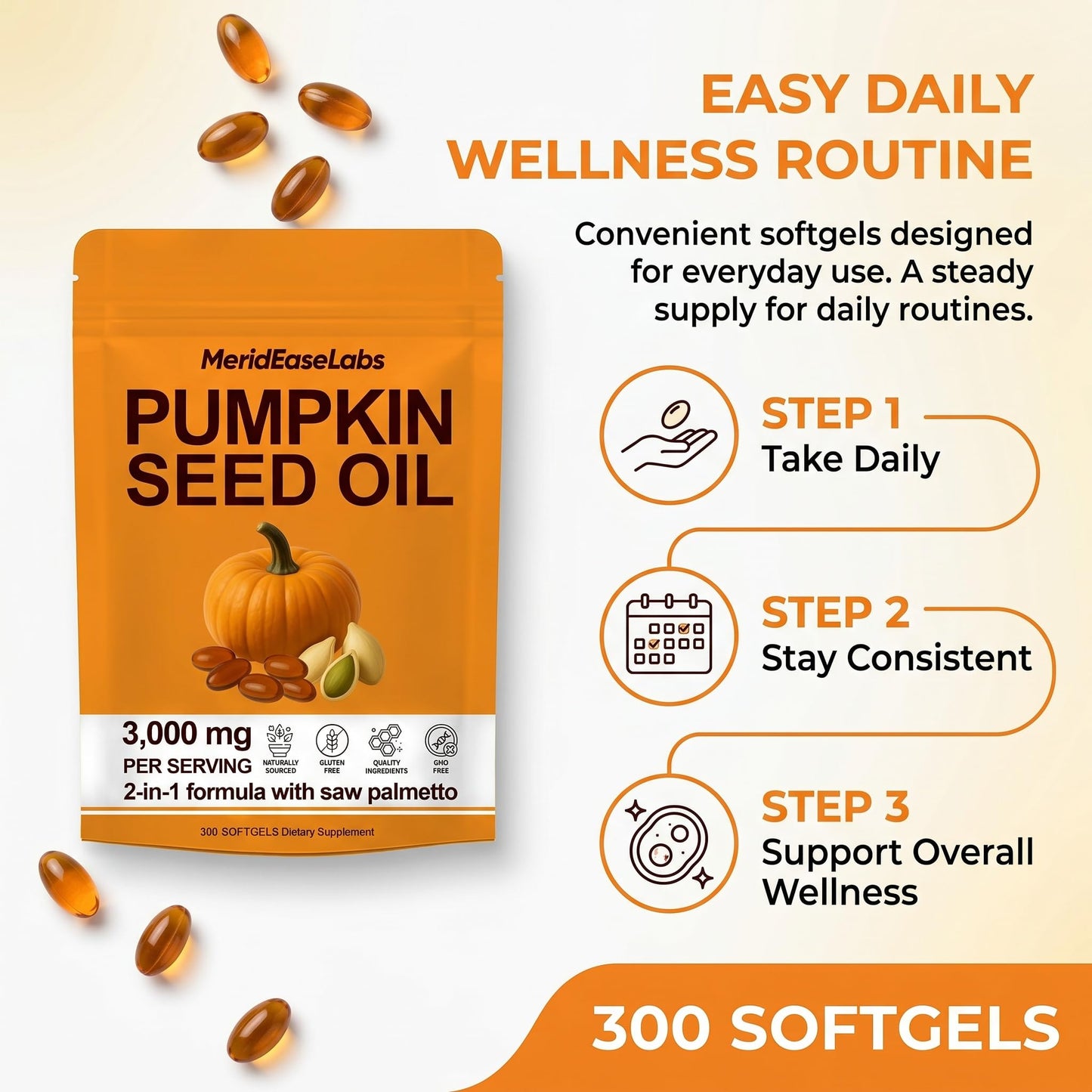 ONAISE Pumpkin Seed Oil with Saw Palmetto, 2-in-1 Formula, 300 Softgels