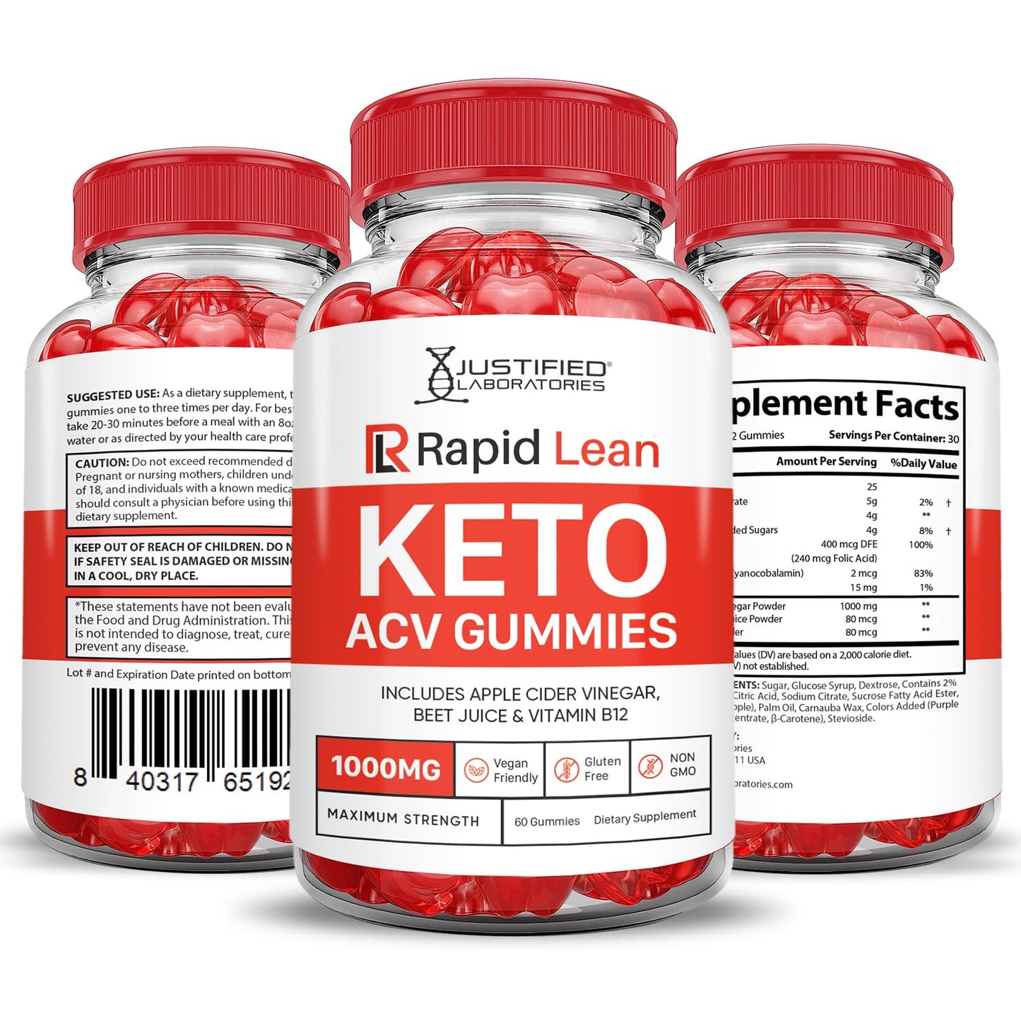 Justified Laboratories Rapid Lean ACV Gummies Advanced Formula 1000MG Apple Cider Vinegar, Pomegranate Beet Juice Powder, B12, Vegan, Non-GMO, 600 Gummies