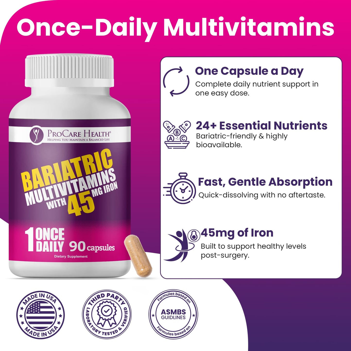 ProCare Health Bariatric Multivitamin 45mg Iron Capsule, 90 Count