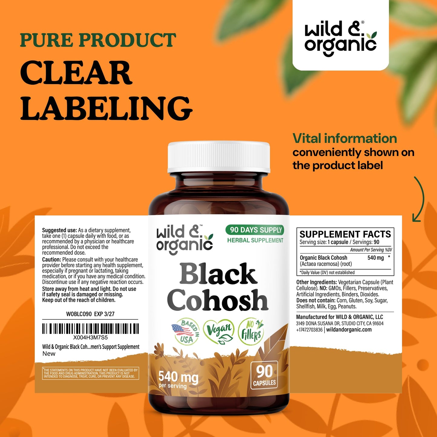 Wild & Organic Black Cohosh 540 mg Capsules 90 Count