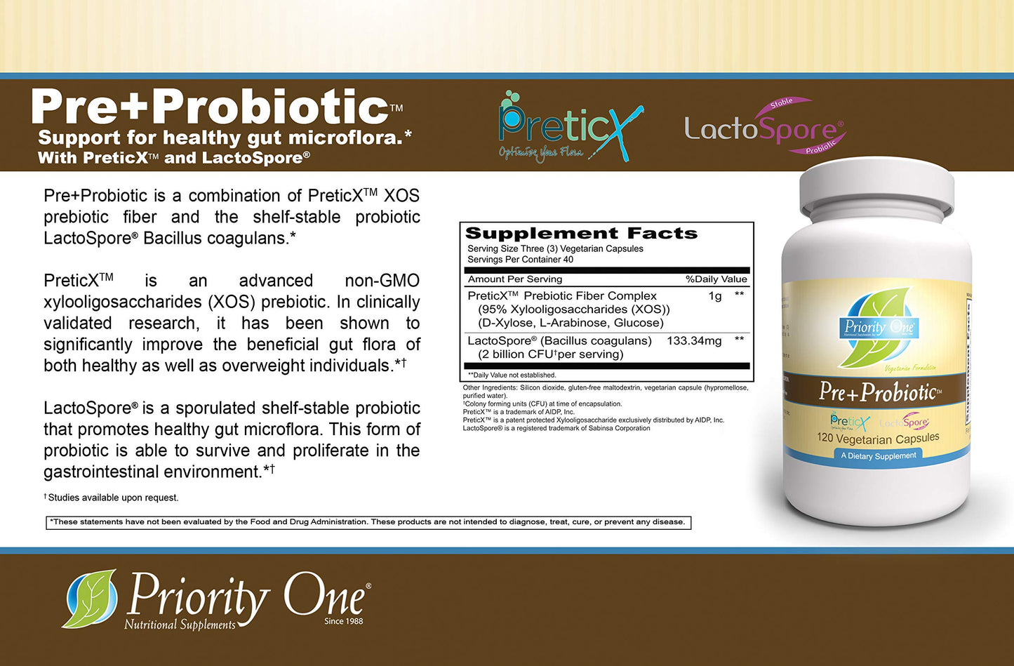 Priority One Pre+Probiotic 120 Vegetarian Capsules