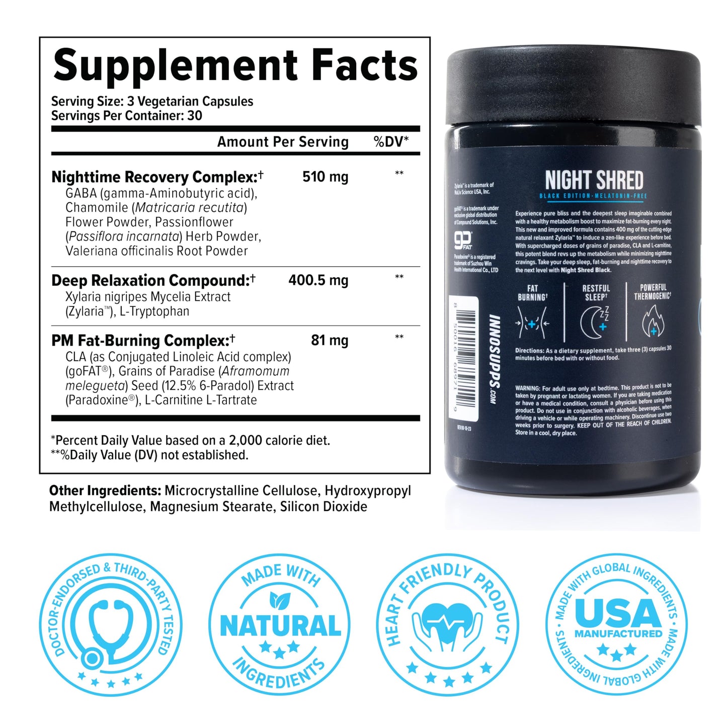 InnoSupps Night Shred Black Melatonin-Free Night Time Fat Burner Capsules, 90 Count