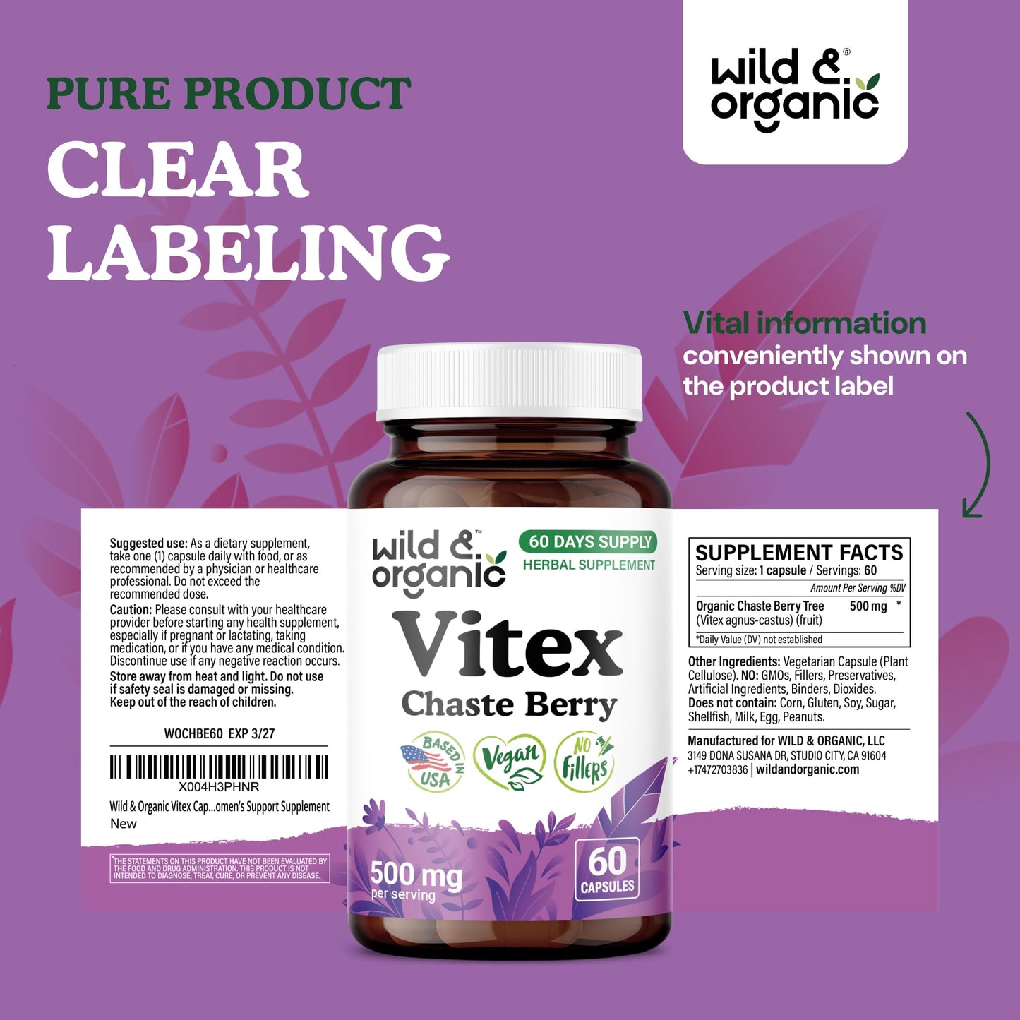 Wild & Organic Vitex Chasteberry Supplement Capsules, 60 Count